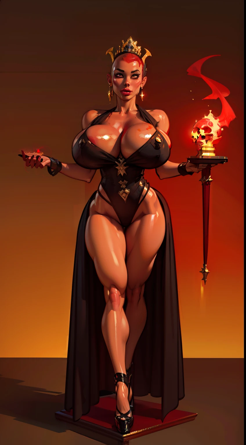 1girl, beautiful (((dark devil empress))), detailed eyes, (((detailed face))), mature face, athletic body, looking at viewers,full body, light smile,(gigantic breasts:1.4)detailed skin, colored skin(dark red skin:1.9), horns on head, (((bald:1.4))), mature body, tall body,seductive body,medium big breast, medium thigh,((no hair1.8)), spike pasties,detailed clothes BREAK desert and skull shoulders, holding only one long and thick dark scepter, highly saturating beams, holy ceremony, golden and red spark dazzling around, crown , golden majical lightning, best quality, masterpiece, trending on Art station,BREAK,Detailed,Realistic,4k highly detailed digital art,octane render, bioluminescent, cinematic lighting BREAK 8K resolution concept art, realism,by Mappa studios,masterpiece,best quality,official art,illustration,ligne claire,(cool_color),perfect composition,absurdres, fantasy,focuse, red and gold color palette,(((stands on cracked pedestal)))