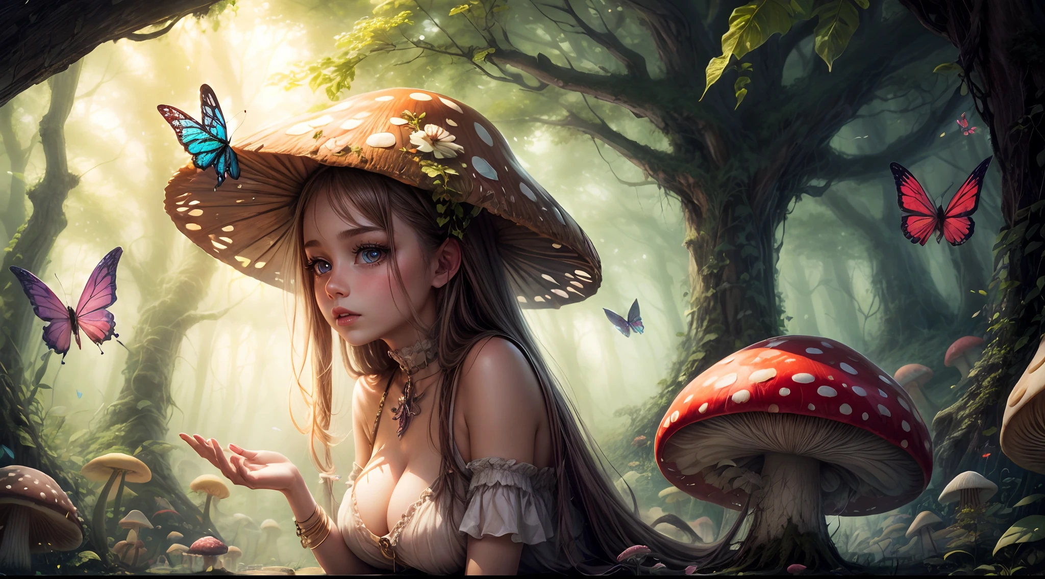 "Enchanting scene, girl and the colossal mushroom, delicate butterflies, mystical mist, ethereal magic, detailed and vivid imagery"