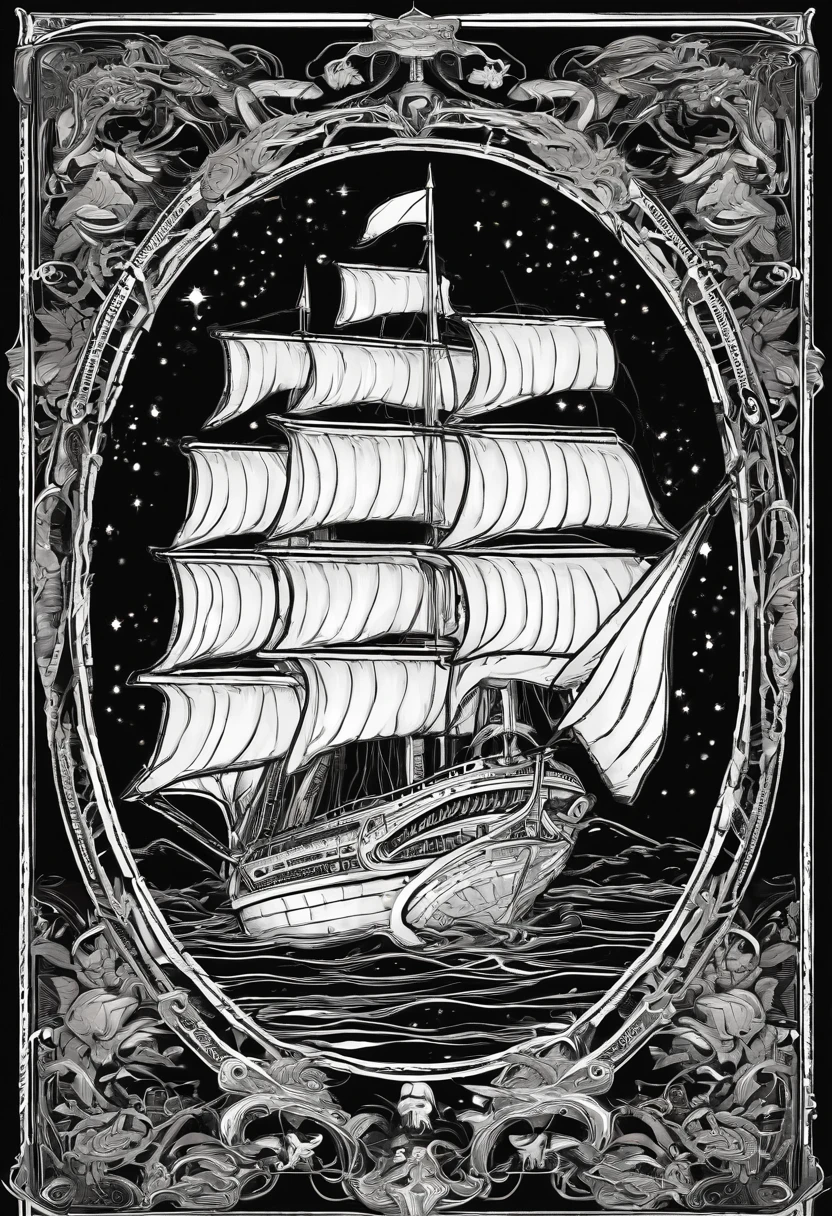 Illustration of a warship for a sticker on black background, en negrita, bordes dentados, Trashcore, sombreado claro