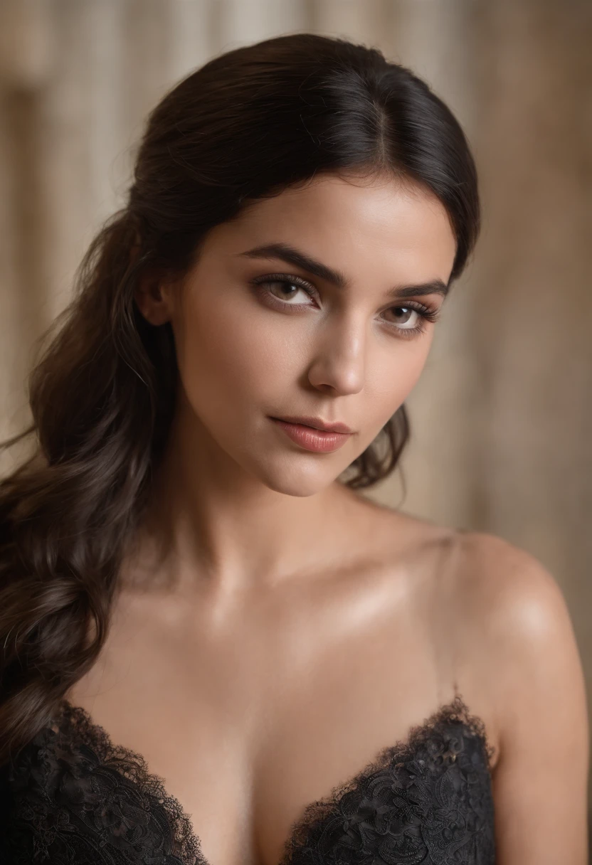 Uma mulher morena de cabelos marrons escuros, que caem em ondas suaves ao longo de seus ombros. His eyes are deep and black, Unraveling an unfathomable mystery. No pulso esquerdo, She sports a tattoo of a number, que esconde um segredo do seu passado. Its back exhibits a distinctive feature: um par de asas negras que se estendem a partir de suas omoplatas, giving it an enigmatic and unique appearance.
