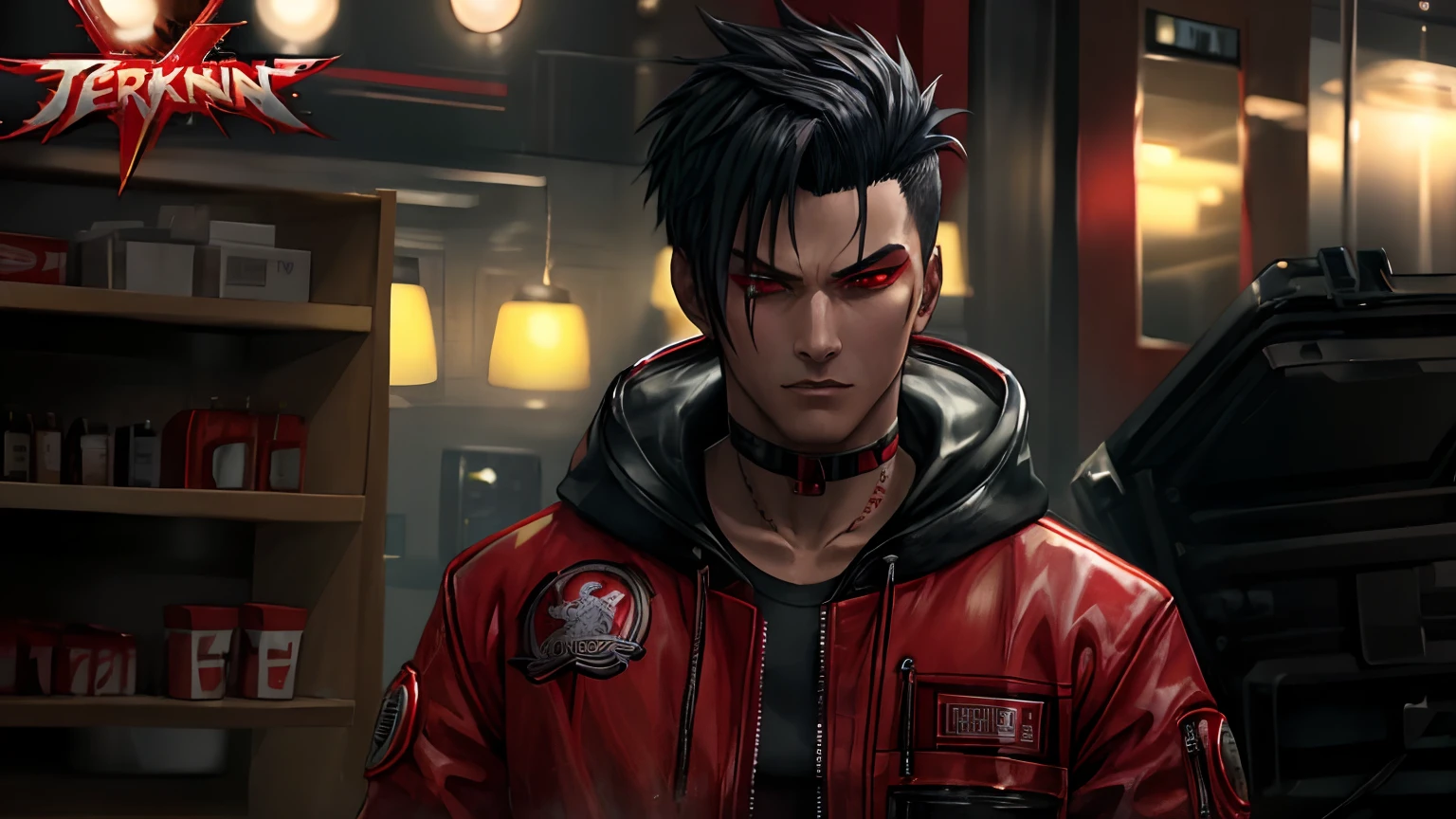 a close up of a person in a red jacket with a hamburger in the background, as a character in tekken, wearing a scarlet hoodie, wearing cyberpunk 2 0 7 7 jacket, tsurumaki kazuya, wearing a red hoodie, evil looking, character close up, raven hair, mechanic punk outfit, menacing look, male character, main character