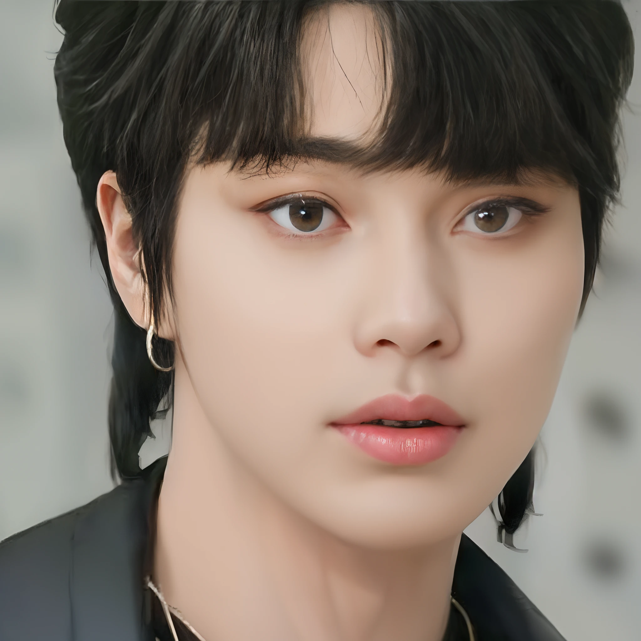 a close up of a person with a black jacket and a necklace, jung jaehyun, black haired yoongi, wan adorable korean face, hyung tae, jungkook, jimin\'s right eyelid swollen, park jimin, portrait of kpop idol, jimin\'s plump lips, young wan angel, a handsome man，black short hair, hong june hyung, jimin