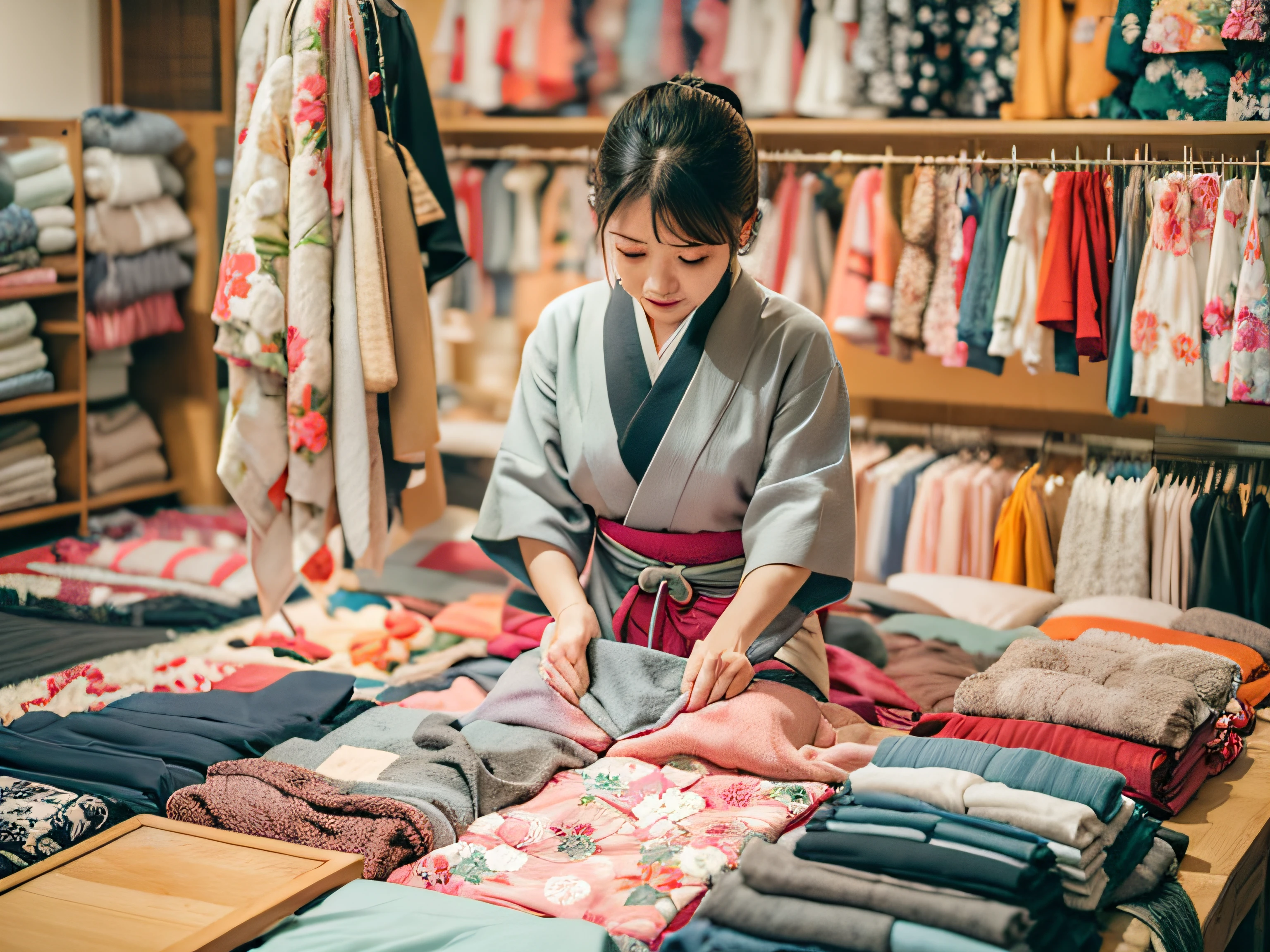Woman folding kimono at Japan kimono shop