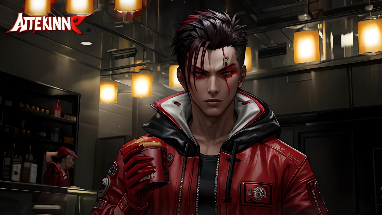 a close up of a person in a red jacket with a hamburger in the background, as a character in tekken, wearing a scarlet hoodie, wearing cyberpunk 2 0 7 7 jacket, tsurumaki kazuya, wearing a red hoodie, evil looking, character close up, raven hair, mechanic punk outfit, menacing look, male character, main character
