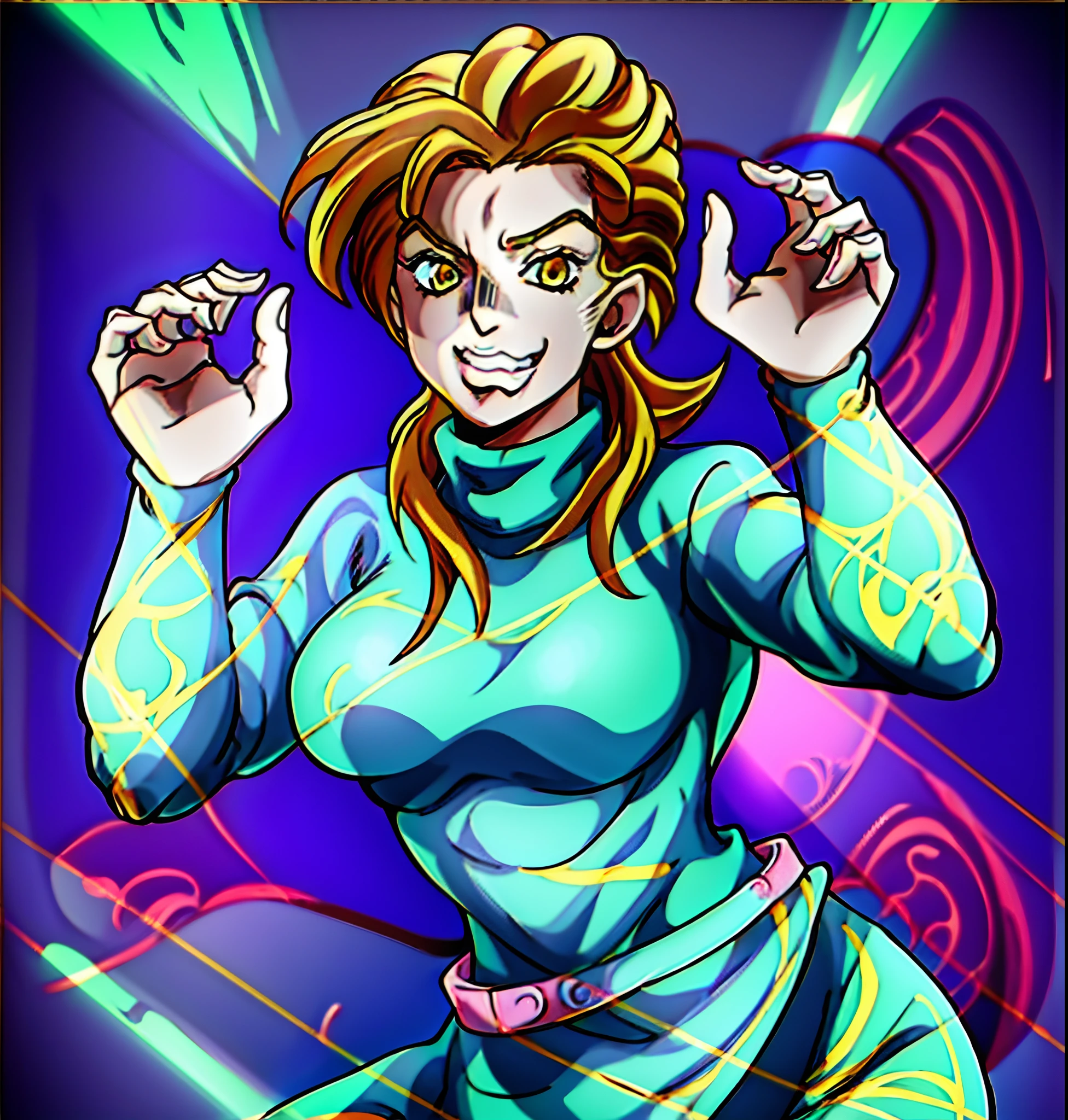 Female, (8k, best quality, masterpiece: 1.2), (finely detailed hair), diegojojo, bandage, fangs, teeth, solo, araki hirohiko (style), 1girl, yellow eyes, lips, blonde hair, raised hands, green shirt, sweater, breasts, masterpiece, best quality, ultra-detailed digital art, detailed, high resolution, detailed desert canyon background, blue dinosaur tail, official art, perfect lighting, colorful, glowing skin, (work -prima:1.0),(best_quality:1.0),