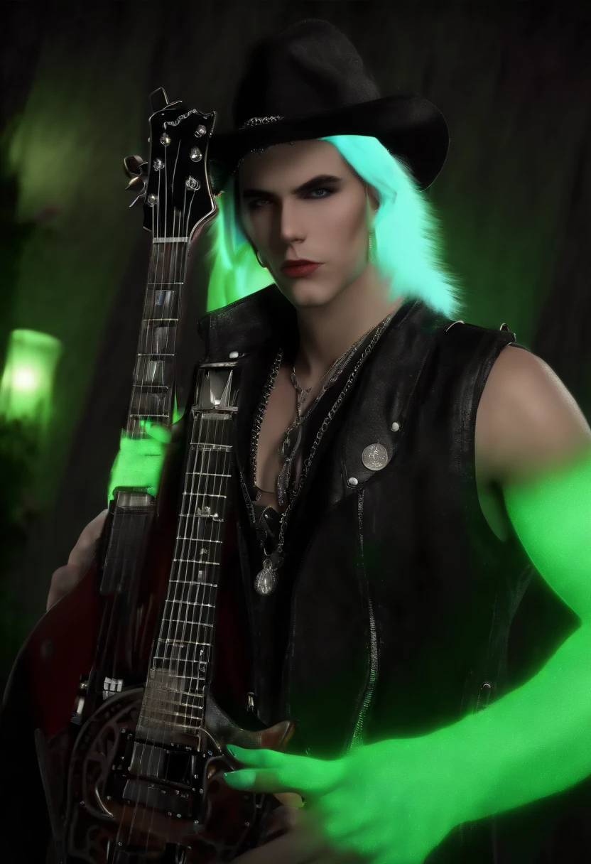 there is a picture of a man with a guitar and a hat, imvu, white horns queen demon, trans rights, blue spiky hair, bassist, (((((((no glow))))))), pfp, cursed photograph, low quality print, inspired by Leona Wood, gothic maiden, long shaggy-haired rocker, blocky, glass negative