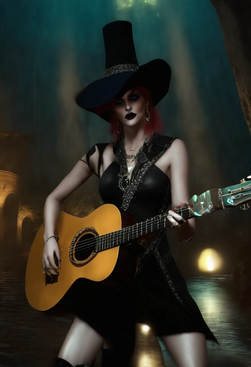 there is a picture of a man with a guitar and a hat, imvu, white horns queen demon, trans rights, blue spiky hair, bassist, (((((((no glow))))))), pfp, cursed photograph, low quality print, inspired by Leona Wood, gothic maiden, long shaggy-haired rocker, blocky, glass negative