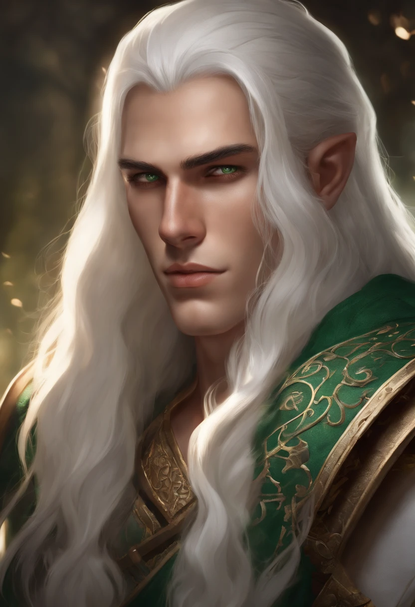 "Generate an image of my 18-year-old D&D character with emerald eyes, slightly long white hair, white skin, and a physique that's both skinny and very muscular. He wears comfortable yet neat clothes. Please create a detailed illustration of this character for our campaign."