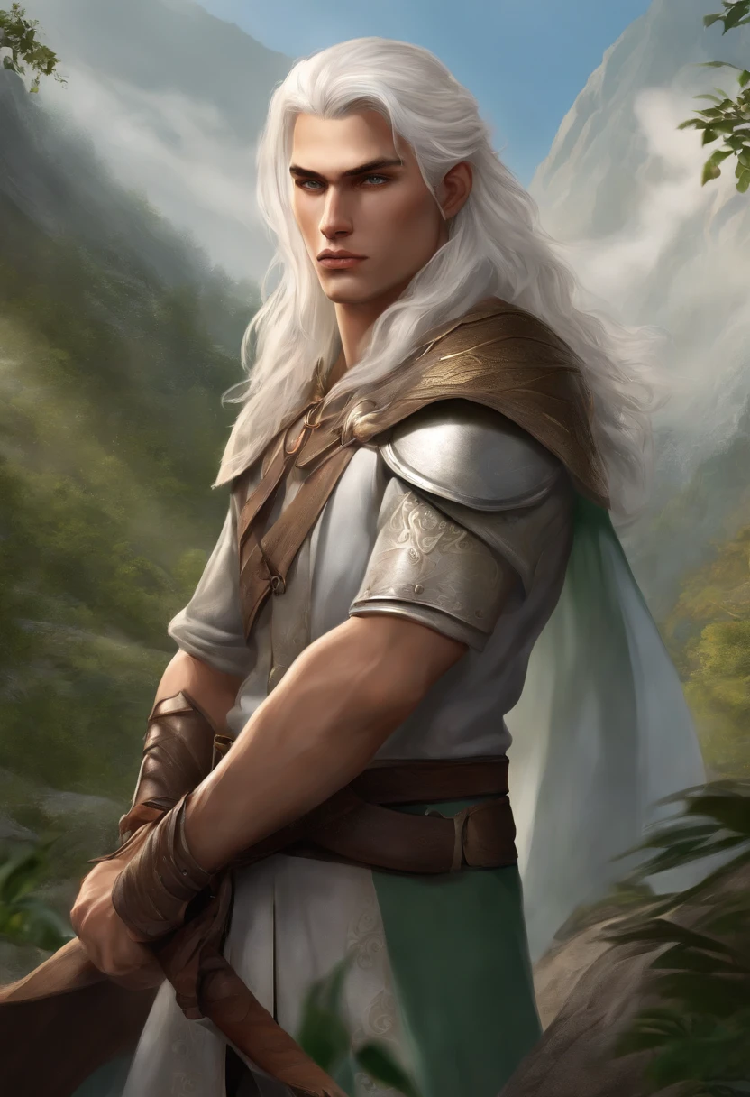 "Generate an image of my 18-year-old D&D character with emerald eyes, slightly long white hair, white skin, and a physique that's both skinny and very muscular. He wears comfortable yet neat clothes. Please create a detailed illustration of this character for our campaign."