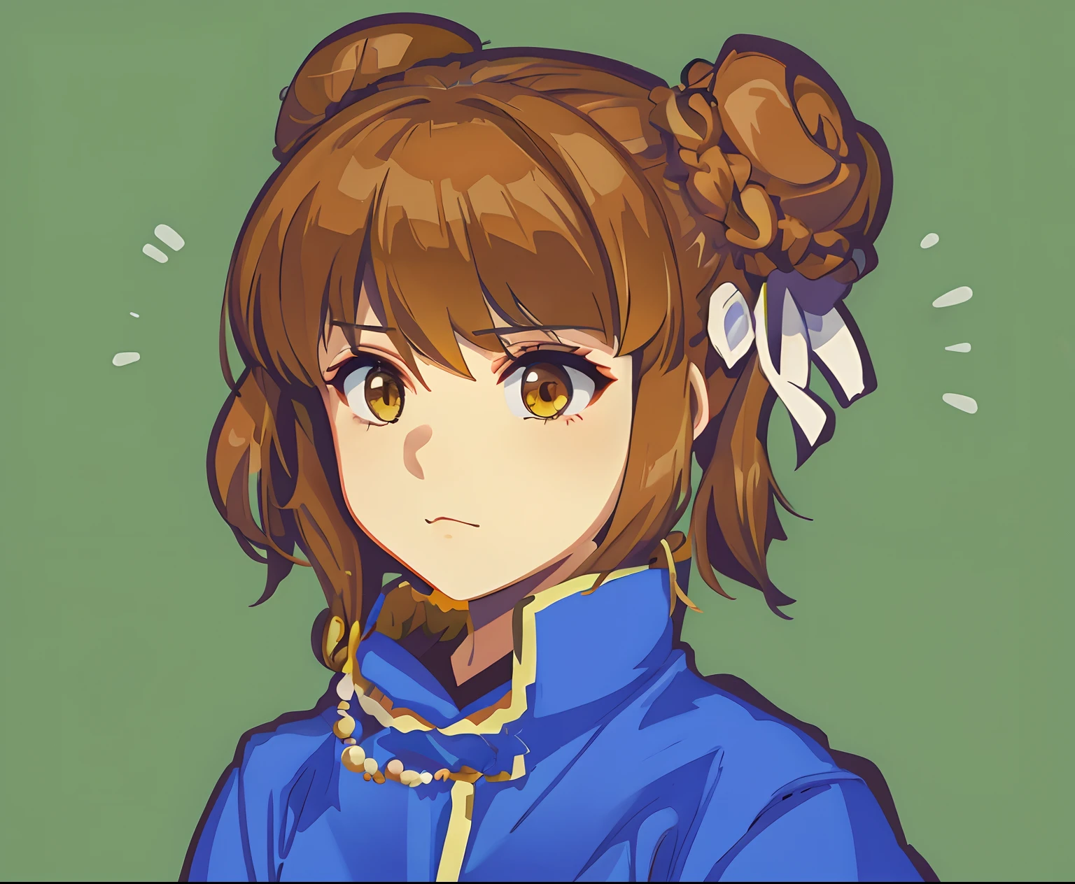 Brown hair, yellow eyes, hair buns, martial arts outfit