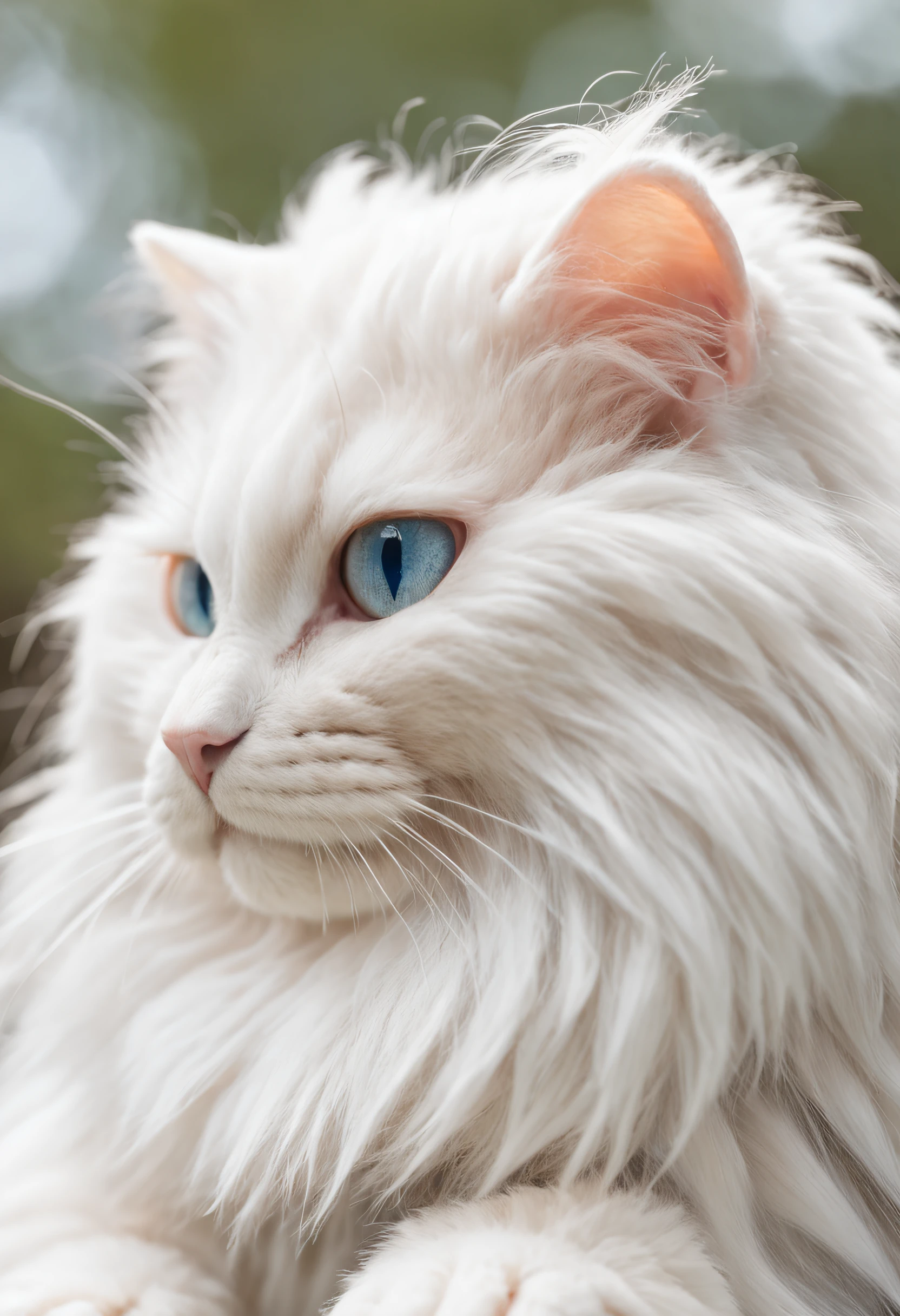 Puppet cat has fluffy fur, realistic and cute catching carp on the banks of rural rivers, blue eyes, white hair