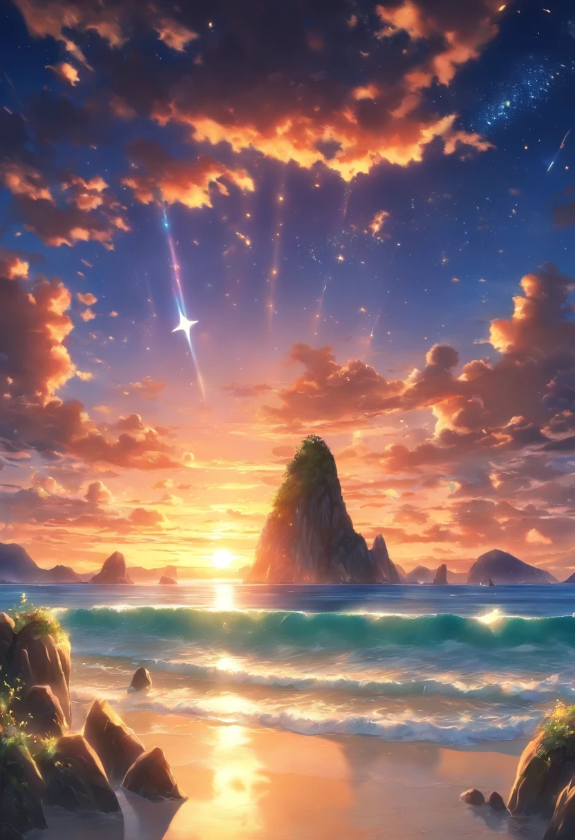 praia, mar, entardecer, casa com um monumento de pedra, estrelas, foreshortening, profundidade de campo, master part, best quality, bolha de ar, luz solar fraca
