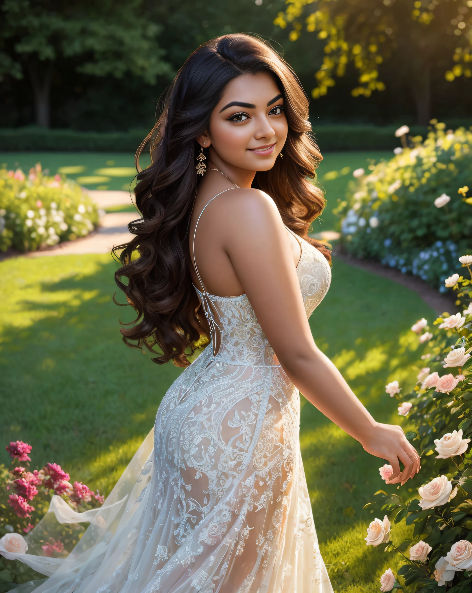 (masterpiece portrait photography:1.4) of a  alluring ravishing curvy Nazriya Nazim, posing in a garden , wearing beautiful, wearing strappy vintage ornate mindress, ornate royal garden, (long flowing wavy backlit hair:1.2), fair radiant skin, vivacious, lustful glance, exhilarated (captivating kohl lined eyes:1.1) , (seductive smile:1.3) soft dramatic lighting, falling petals and flowers bokeh, key lighting, backlit, light rays, highly detailed, trending on artstation, paint splashes, rich colour, wind all around, abstract portrait, by Ron hicks