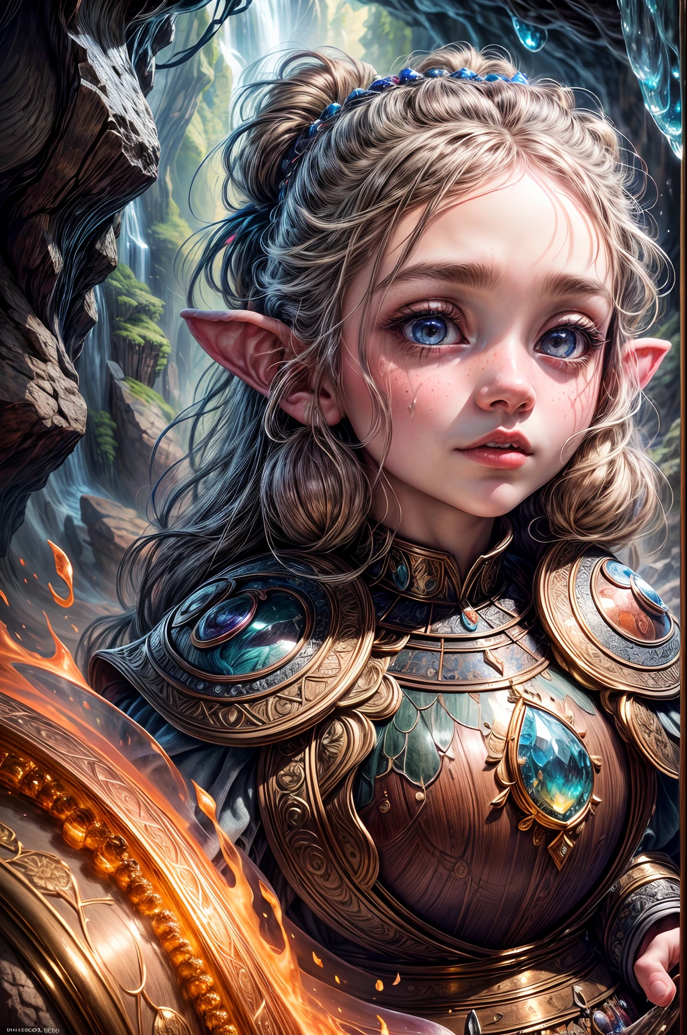 "A breathtaking, (ultra-detailed) painting of a young girl dwarf exploring a cave filled with radiant gemstones and liquid metal, their faces filled with awe and wonder. The colors and textures are ((highly realistic)), making it a true masterpiece."