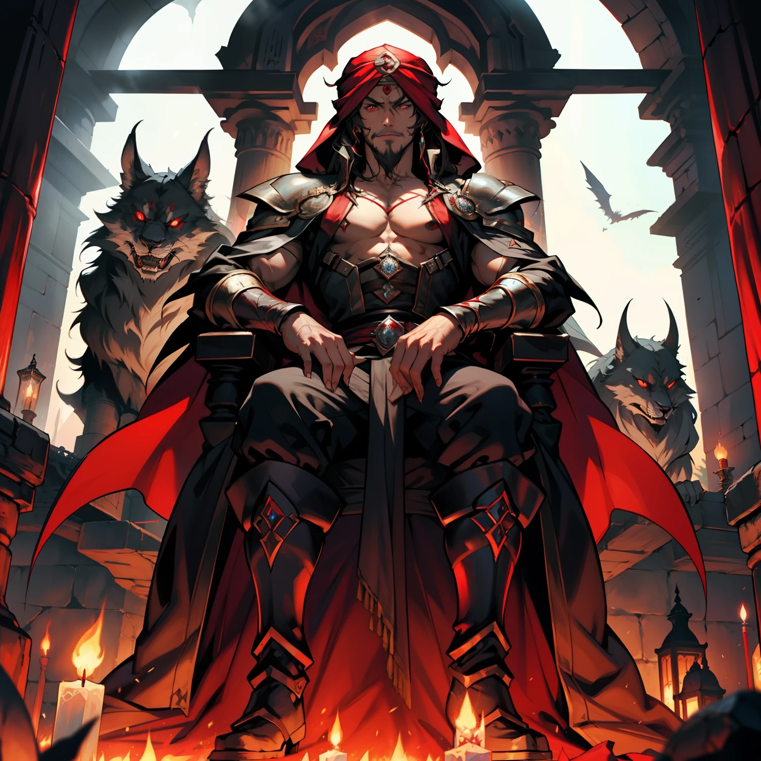 Castlevania lord of the shadows Moroccan lord Dracula with red turban Handsome muscular warrior Long Hair White Red Eyes Medieval Crystal with his scary Demons