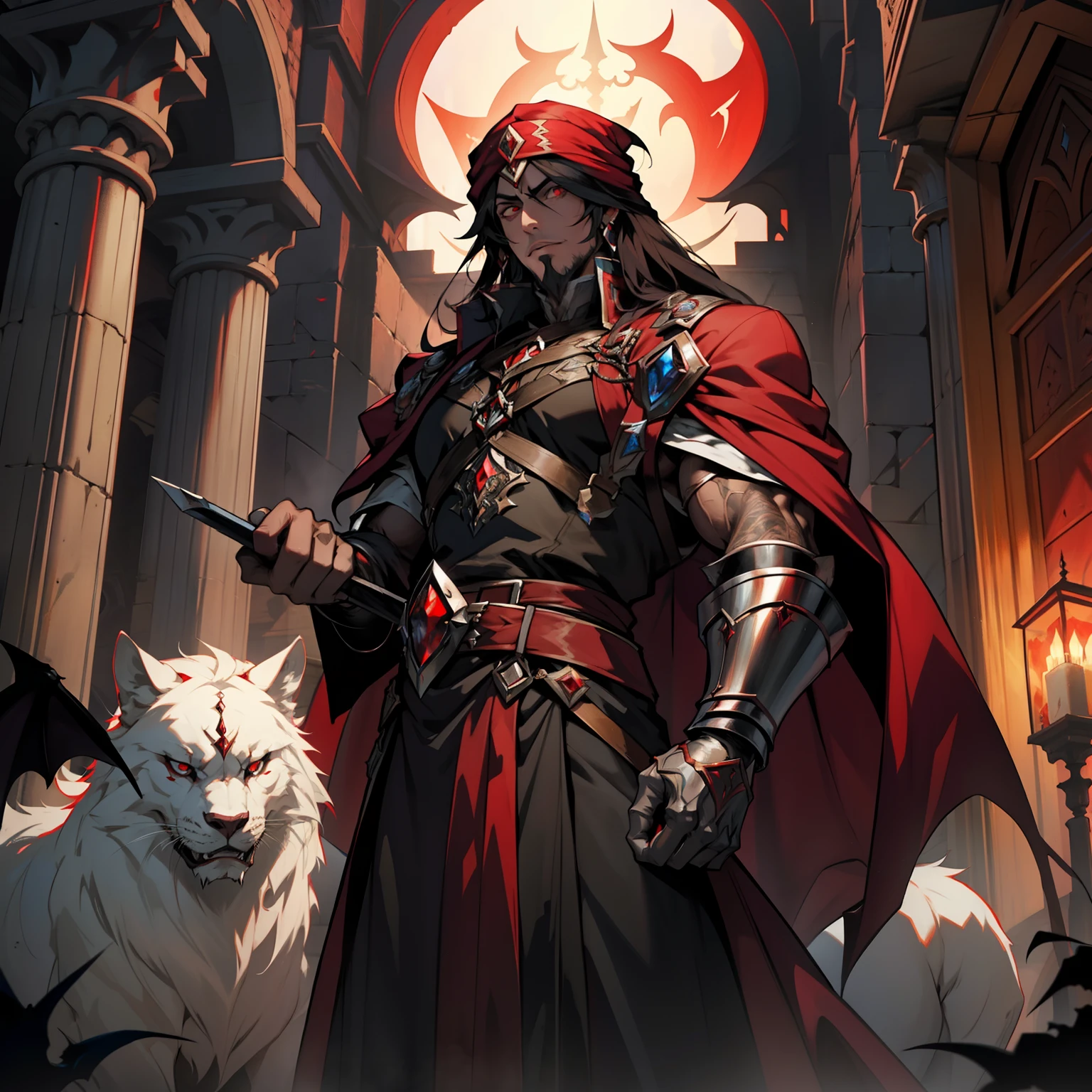 Castlevania lord of the shadows Moroccan lord Dracula with red turban Handsome muscular warrior Long Hair White Red Eyes Medieval Crystal with his scary Demons