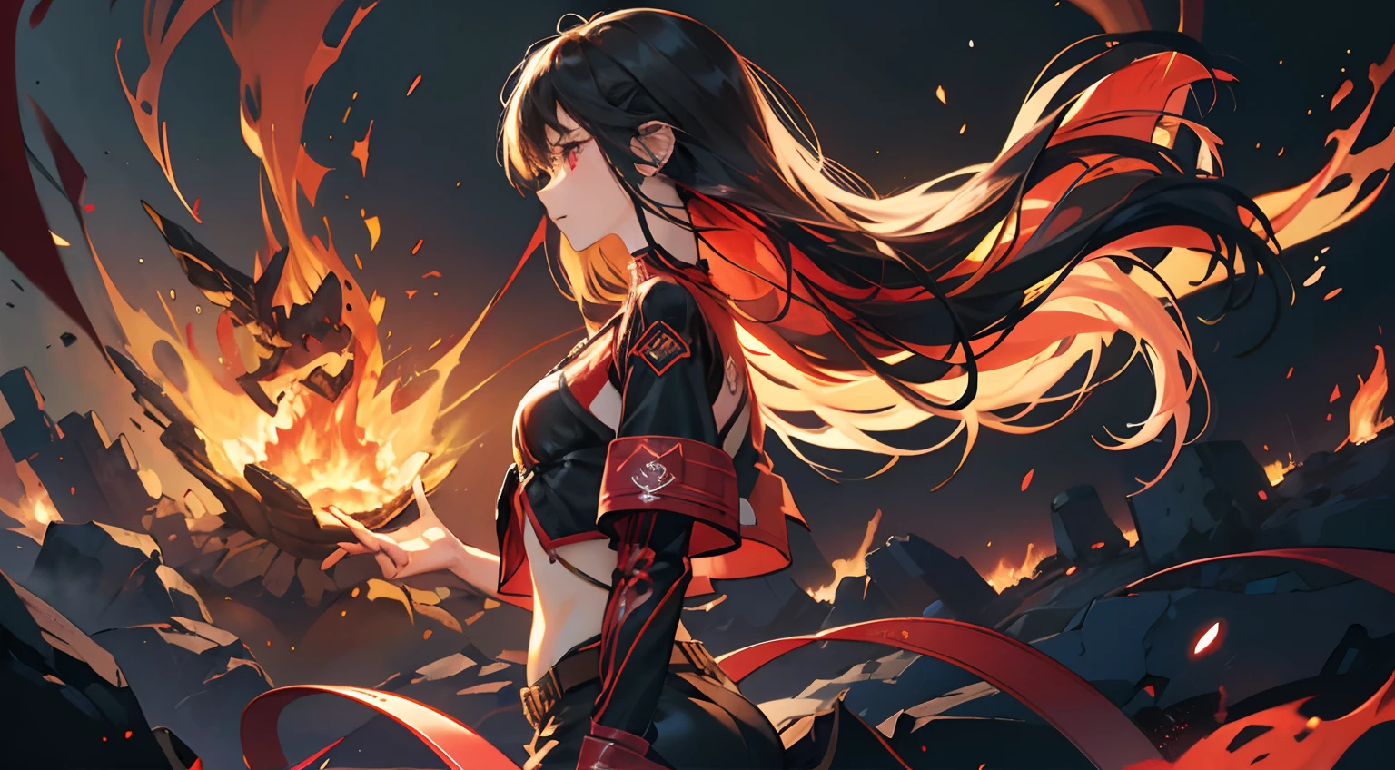 (Best Quality,4K,High resolution), girl with, Red mesh hair on black hair, Long straight hair, Eyes， Strong gaze，Red Eyes, Intricately decorated crimson red long-sleeved jacket，Navel Ejection，cross belt、Burning flame background，severely disheveled hair，The effect of the flame enveloping the girl、Side Camera Angle，profile、comic strip，animesque，Comical illustration，，Deformed cute illustration，