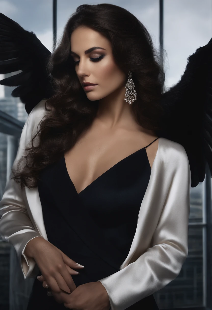 A woman with dark brown wavy hair that cascades gently over her shoulders. Her eyes are deep and black, unveiling an unfathomable mystery. On her left wrist, she proudly displays a tattoo of a number. Her back features a distinctive characteristic: a pair of black wings extending from her shoulder blades. She is dressed in a black jacket and a navy blue blouse. The background is an apartment with light-colored furniture. Don´t forget the wings