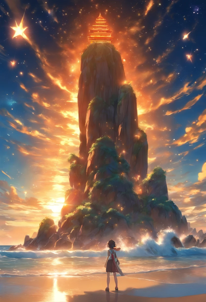 praia, Marz, entardecer, casa com um monumento de pedra, estrelas, foreshortening,  profundidade de campo, master part, best quality, bolha de ar,  luz solar fraca