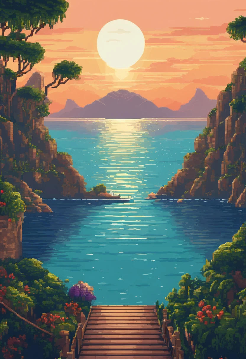 Pixel art of giant moon rising over calm sea, beautiful detailed pixel art, detailed pixel art, Lo-fidel retro video games, Concept Pixel Art, detailed pixel artwork, Pixel art style, pixel town, Pixel Art Animation, High-quality pixel art, Dolphins jump off the surface of the sea, super detailed color lowpoly art, #pixel art:3, # pixel art, #pixel art