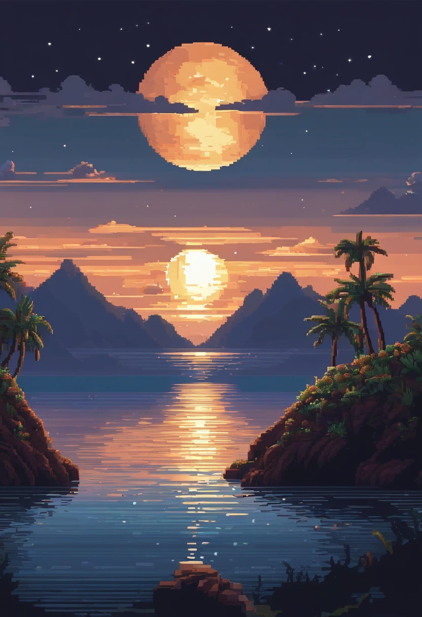 Pixel art of giant moon rising over calm sea, beautiful detailed pixel art, detailed pixel art, Lo-fidel retro video games, Concept Pixel Art, detailed pixel artwork, Pixel art style, pixel town, Pixel Art Animation, High-quality pixel art, Dolphins jump off the surface of the sea, super detailed color lowpoly art, #pixel art:3, # pixel art, #pixel art