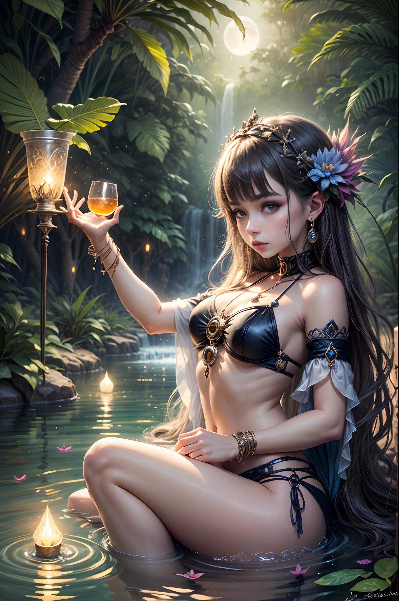 "Moonlit priestess, tropical oasis, magical pond, nocturnal mysteries, ethereal enchantment"