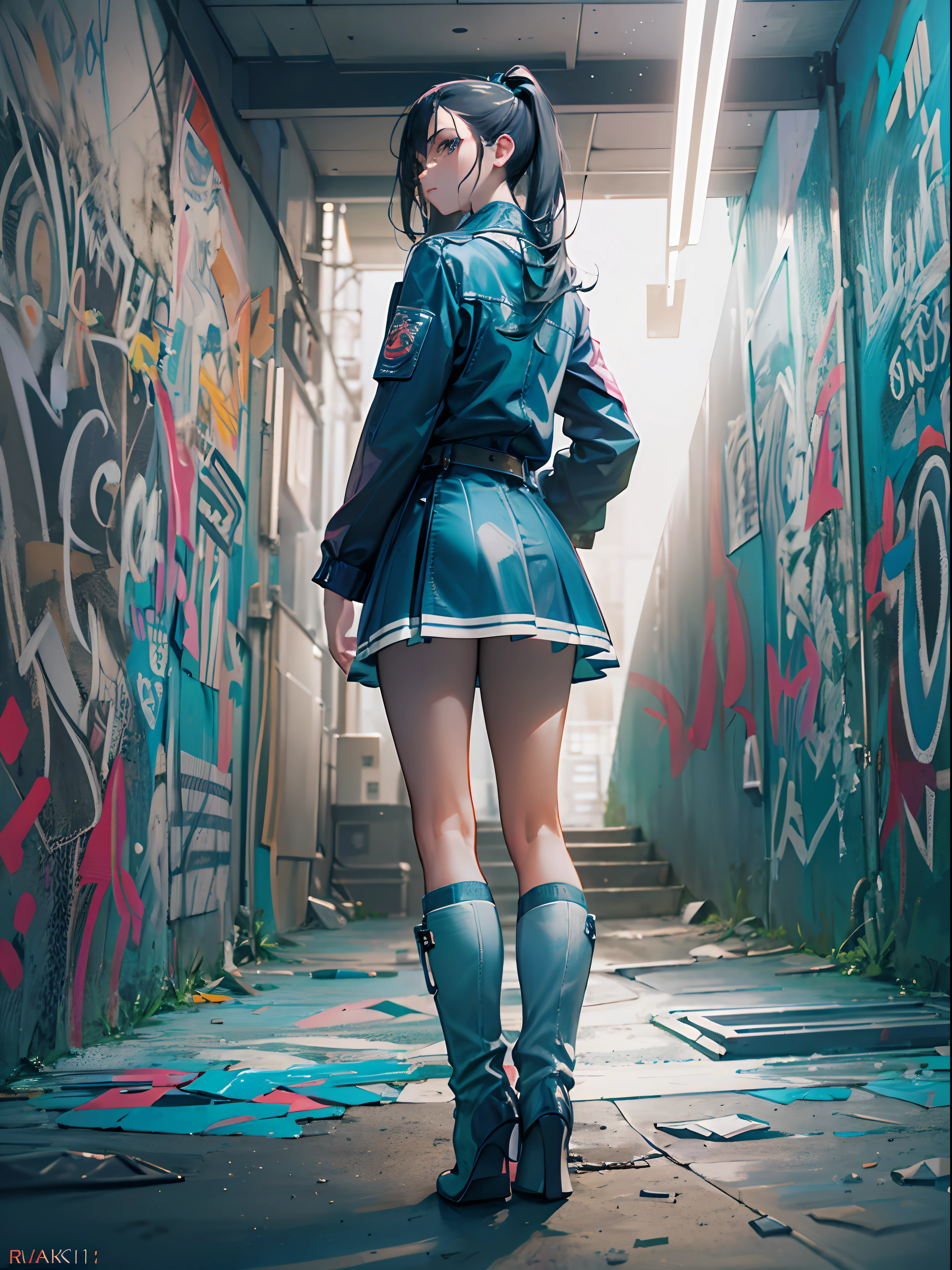 Best quality,Masterpiece,((show legs)),perfect female shape,soft lighting,good lighting,ray tracing,dynamic lighting, cinematic lighting,(facing the wall,Graffiti),blue miniskirt,Long legs:1.2,smooth legs,smooth thighs,Slender:1.2,beautiful legs:1.3,Thin legs,Thin thighs:1.2,squatting:1.1((,From behind:1.1)),dynamic posture,bottom camera:1.2,Blue-and-white-edged half-heeled boots,(masterpiece sidelighting),