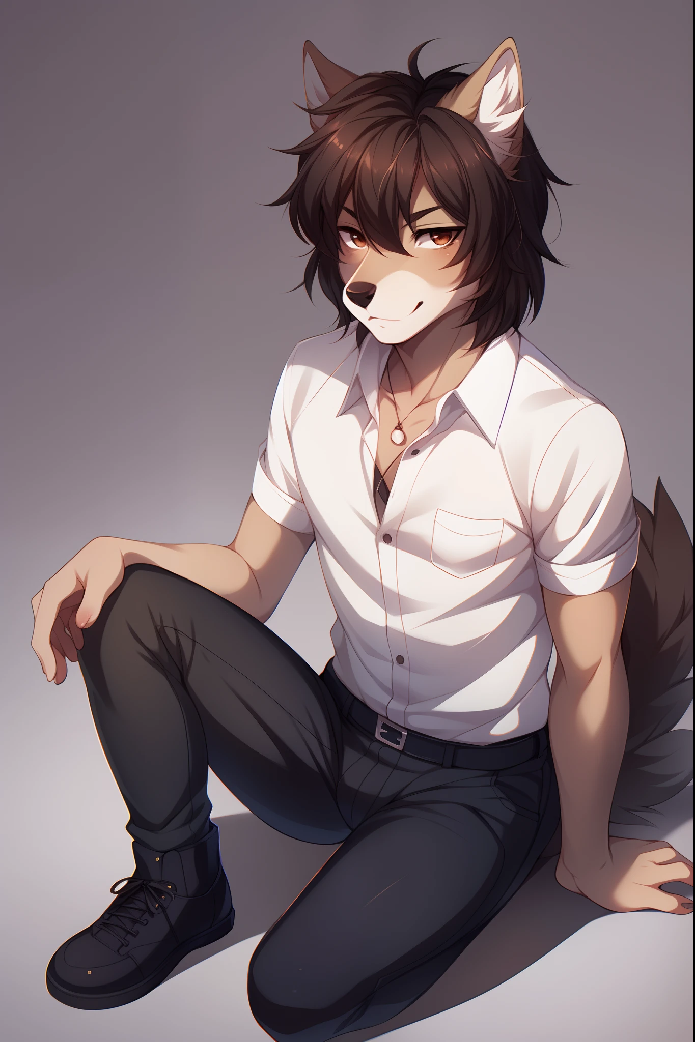 solo:1.3, a cute all tan male wolf, brown shaggy hair, brown eyes, brown wolf tail, black nose, wearing white button up shirt, black jeans, black shoes, tall, simple background, by fumiko, by hyattlen