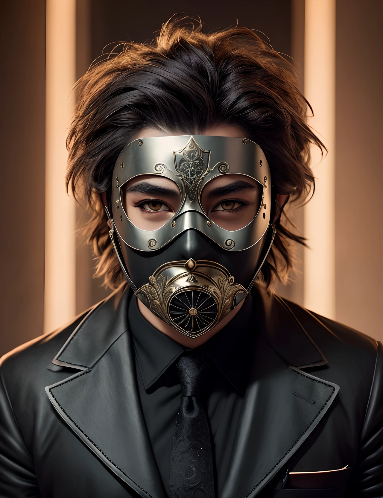 blacken the mask, detailed Venetian mask, mysterious atmosphere, dark background, elegant details, fine craftsmanship, high-res, intricate lace patterns, shadows and highlights, dramatic lighting effects, dramatic angles, vibrant colors, gothic style, haunting beauty
