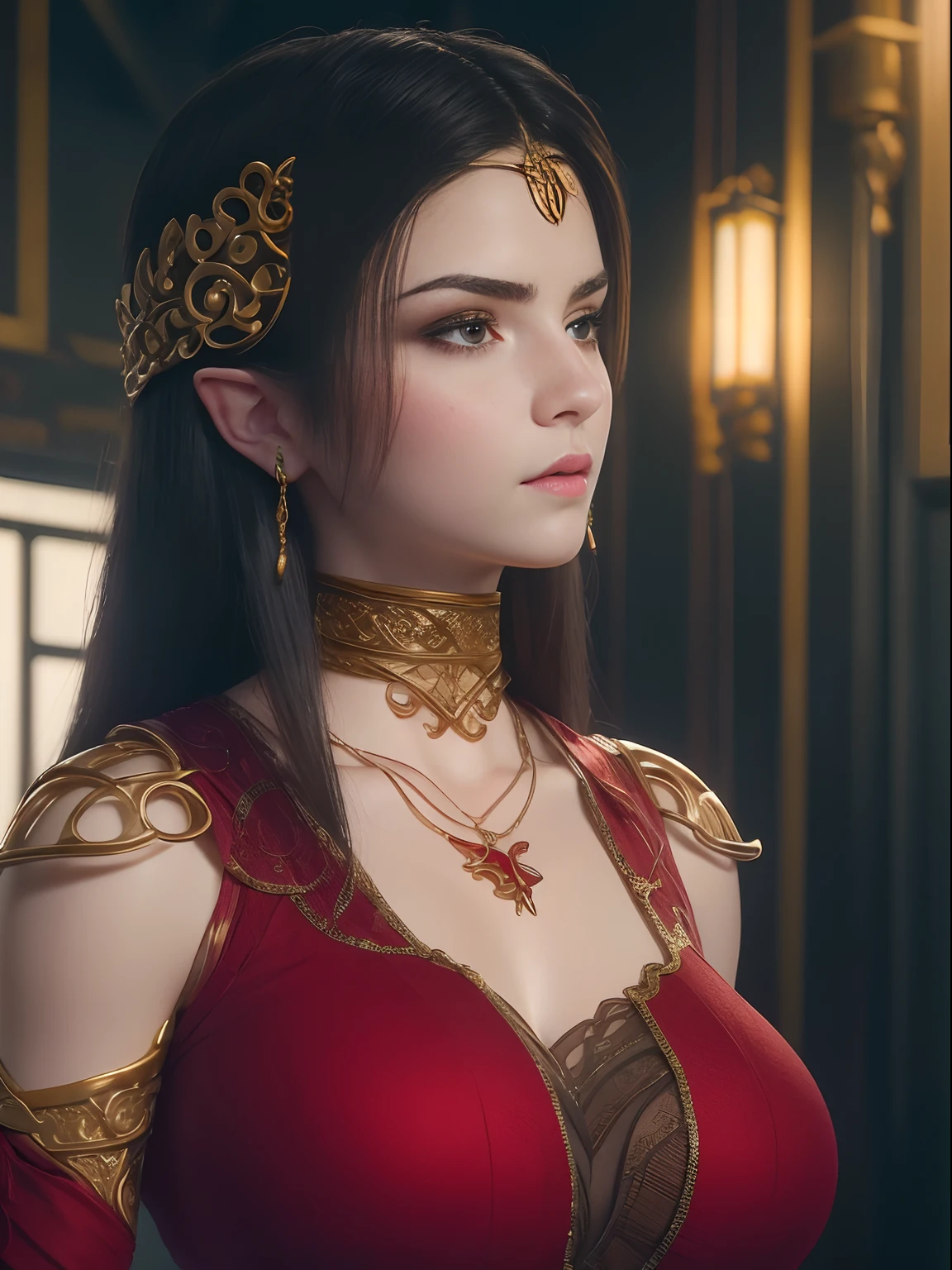8k raw photo, photorealistic, film grain noise, soft cinematic light, rim light, looking at viewer, hiqcgbody, spotlight, Tom Bagshaw style
a portrait nc4v4n1s 1girl, (((Selena Gomez:Emma Watson:0.8))), finely detailed face, 5 digits fingers, long hair, red bindi, ttpt-fC, thick thighs, plump boobs, graceful pose, intricate details clothes, film grain noise, cleavage, jade necklace, (magic circle:0.8), xiuxian,