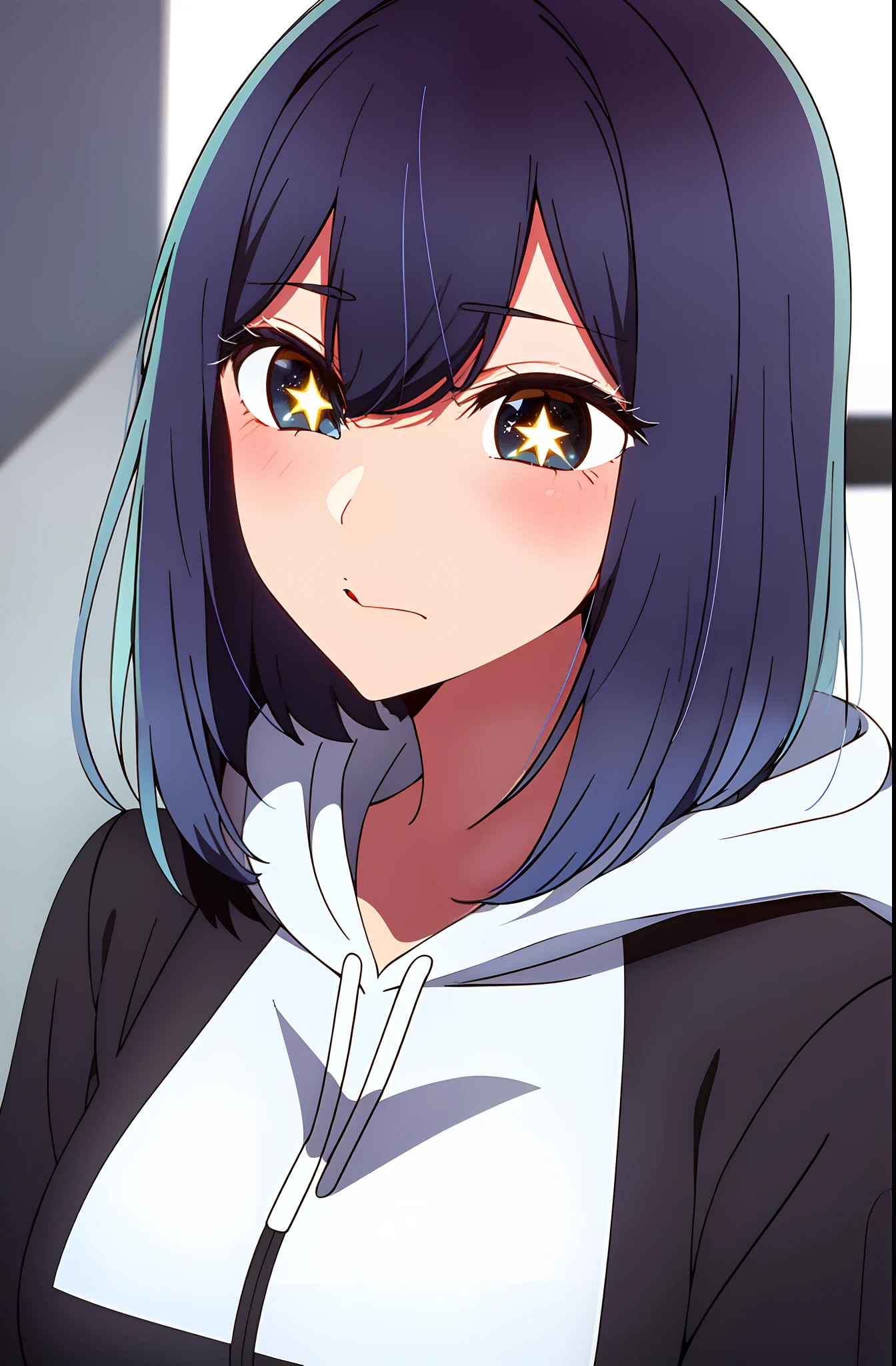 kurokawaakane, best quality, in a black hoodie, cute girl, her expression is solemn, sexy face, she has a cute expressive face, perfect breast, beautiful lighting,symbol-shaped_pupils, sparkling_eyes, star-shaped_pupils, star_(symbol),