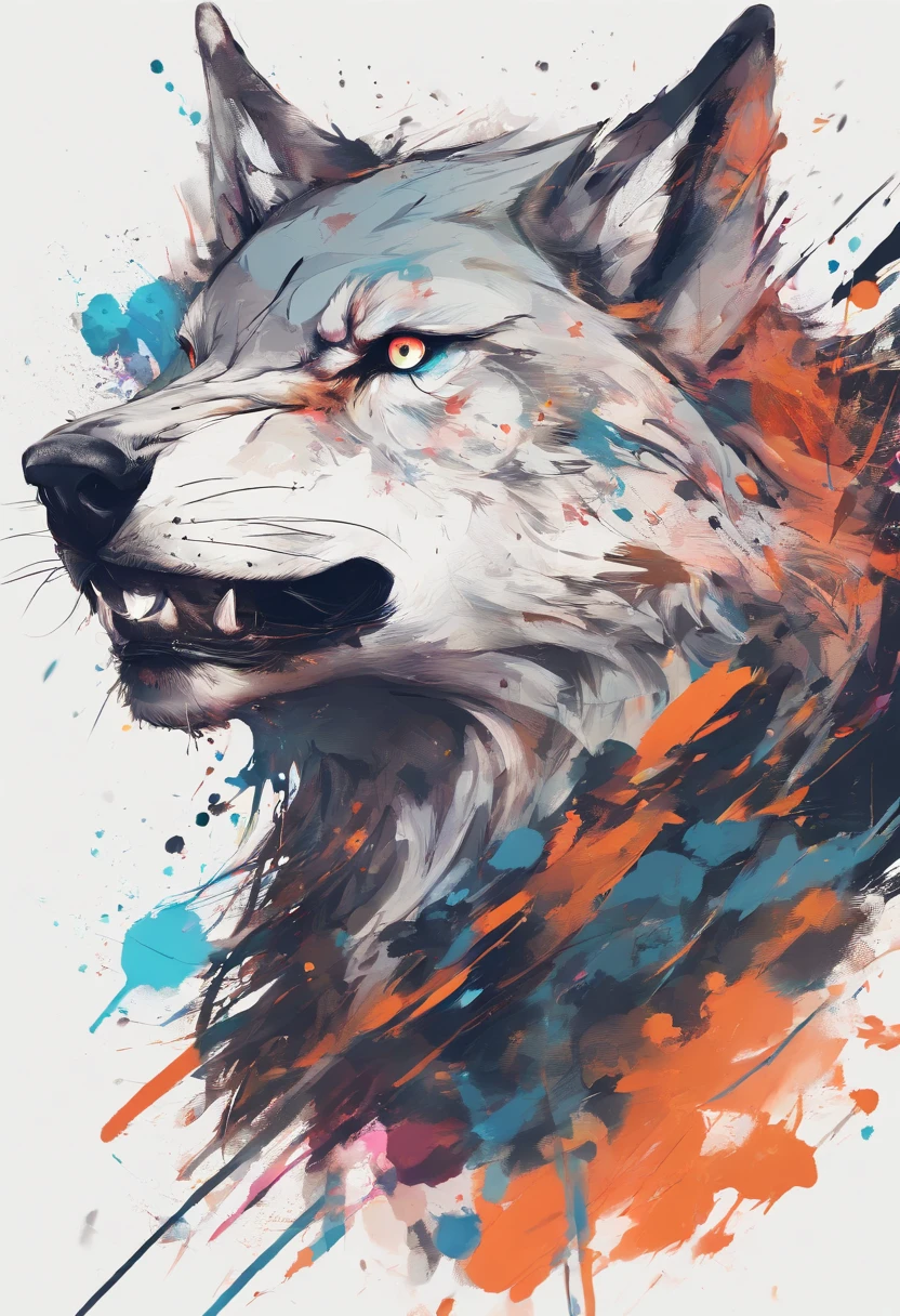 arte splash, a wolf's head, ((fundo branco)), olhos penetrantes, epic instagram, art-station, estilo splash de tinta colorida, contorno, hiperdetalhado intricadamente detalhado, Motor irreal, genial, detalhes intrincados, tela inicial, cores complementares, conceito de fantasia arte, 8K分辨率, obra-prima do deviantart, oil-painting, pinceladas pesadas, pingos de tinta, artes de salpicos