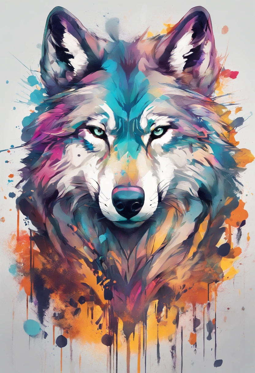 arte splash, a wolf's head, ((fundo branco)), olhos penetrantes, epic instagram, art-station, estilo splash de tinta colorida, contorno, hiperdetalhado intricadamente detalhado, Motor irreal, genial, detalhes intrincados, tela inicial, cores complementares, conceito de fantasia arte, 8K分辨率, obra-prima do deviantart, oil-painting, pinceladas pesadas, pingos de tinta, artes de salpicos