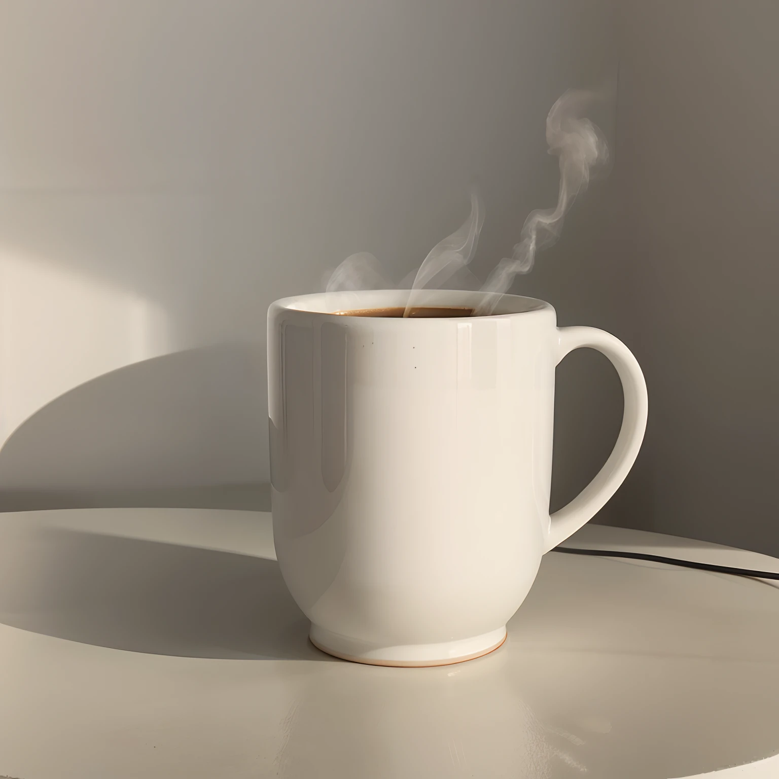 a mug on a white table, ceramic material, realistic, high resolution, clear and detailed, studio lighting, neutral color tone, minimalistic design, reflective surface, handle, comfortable grip, hot coffee steam, minimalistic background, simple composition, professional representation, product photography