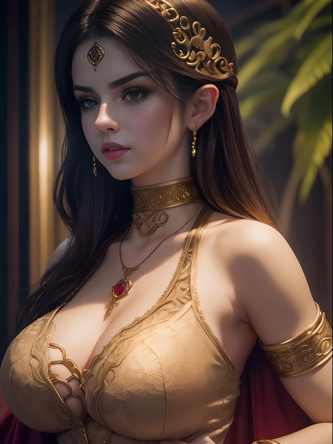 8k raw photo, photorealistic, film grain noise, soft cinematic light, rim light, looking at viewer, hiqcgbody, spotlight, Tom Bagshaw style
a portrait nc4v4n1s 1girl, (((Selena Gomez:Emma Watson:0.8))), finely detailed face, 5 digits fingers, long hair, red bindi, ttpt-fC, thick thighs, plump boobs, graceful pose, intricate details clothes, film grain noise, cleavage, jade necklace, (magic circle:0.8), xiuxian,