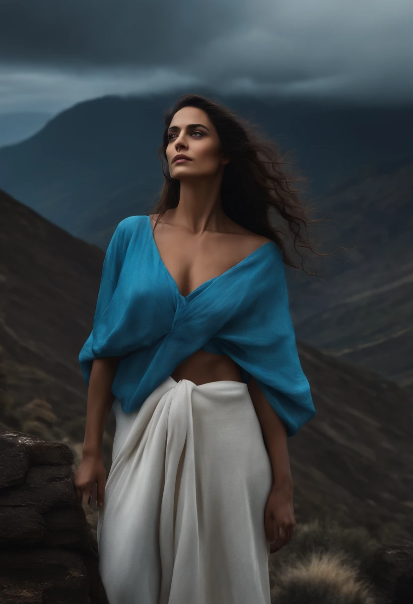 imagem hiperrealista, Mathuzalem, de perfil, On the edge of a precipice, muto velho, enrugado, de perfil, cabelo branco, barba branca, flowing hair, Arm Stretched, apontando dedo para horizonte. Bright blue tunic with details, dourados, Below a sinister landscape with black clouds, Up Loaded Clouds