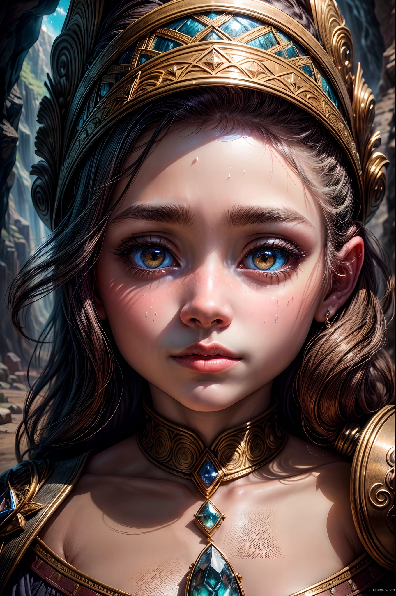 "A breathtaking, (ultra-detailed) painting of a young girl and a dwarf exploring a cave filled with radiant gemstones and liquid metal, their faces filled with awe and wonder. The colors and textures are ((highly realistic)), making it a true masterpiece."