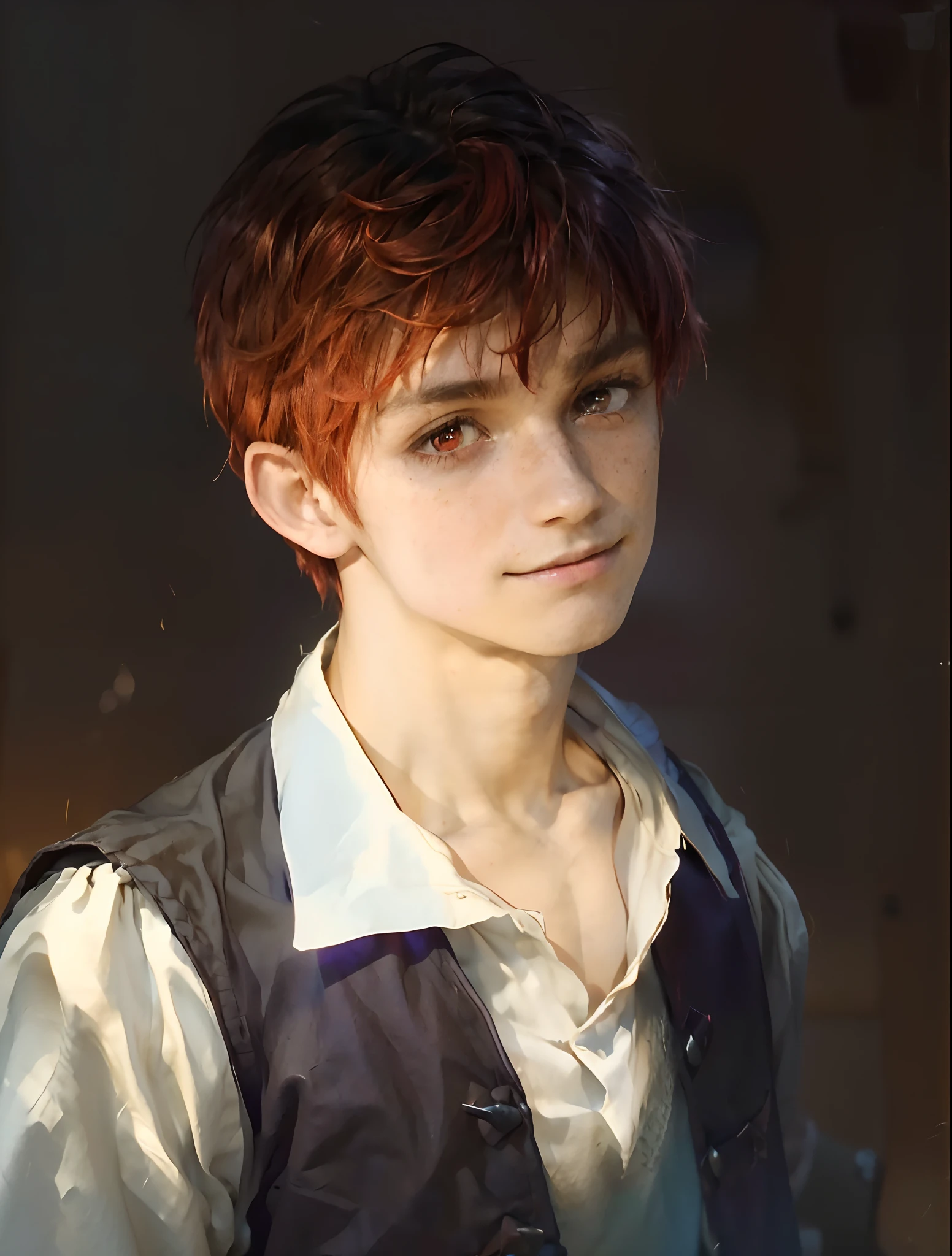 Conan Exiles style, One dirty child (male) (13 years old), Tan skin, 1kid, ((slim fit muscular body: 1.5)), ((medieval villager clothing: 1.9)), bright_red hair, short hair, Peasant boy, villager , Friendly Smile, heroic, slightly sloppy clothes, Medieval Style Clothing, Simple Clothing, Human, gentle boy, Young Face, Skill Picture, Villager Clothes, ((highly_saturated red_hair: 2)), (epitome_of_kindness: 1.5)), ((extremely_handsome: 1.8)), (short_hair: 1.7), ((amazing and unique character_design: 1.9)), solo, ((heroic_composition: 1.7)), ((solo: 1.9))