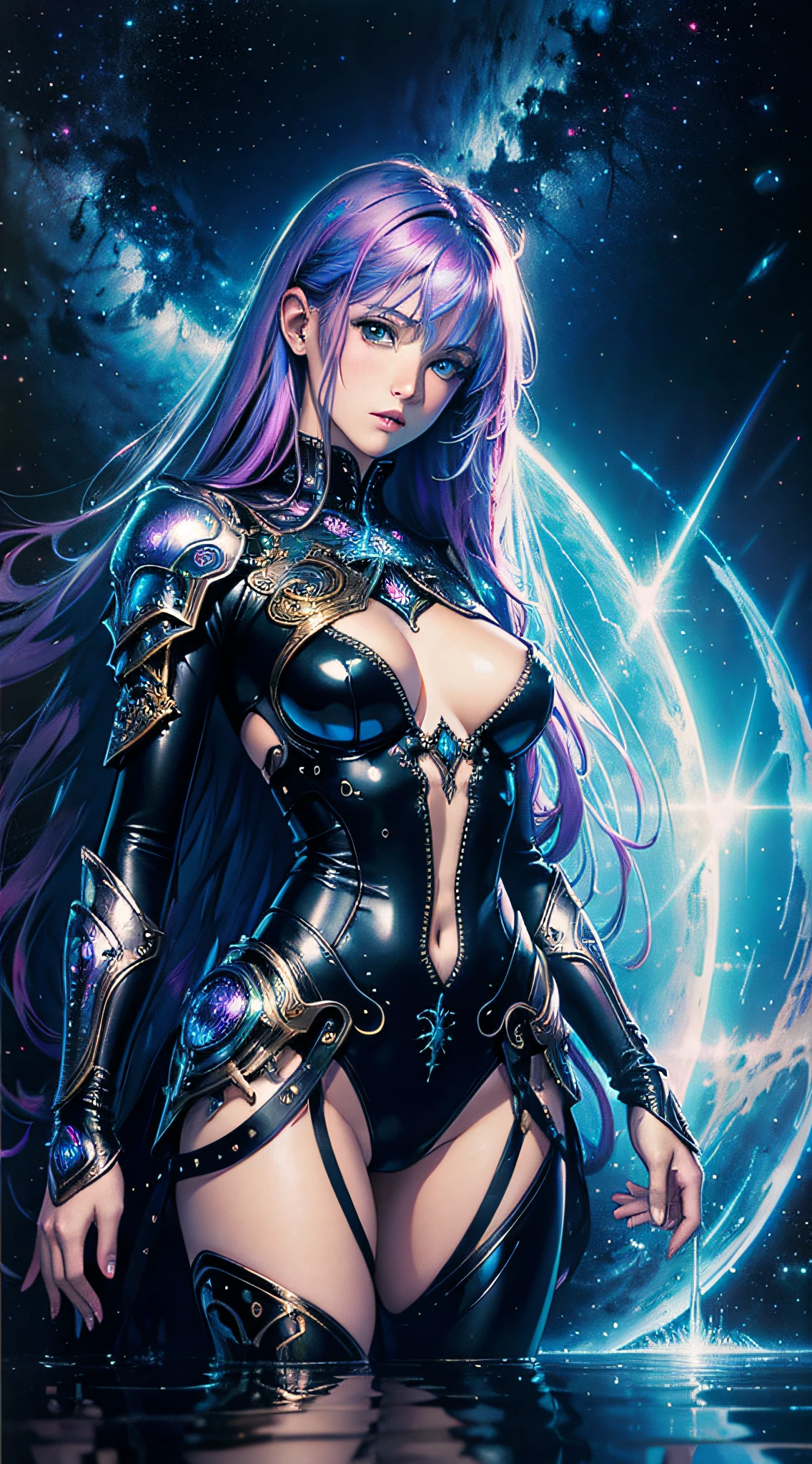 heavenly celestialpunk female, iridescent reflection, intricate details, highest quality, canon lens, photographic details, photo quality, neon color palette, kirlian photography Luis Royo, Gustav Klimt, Andreas Höher