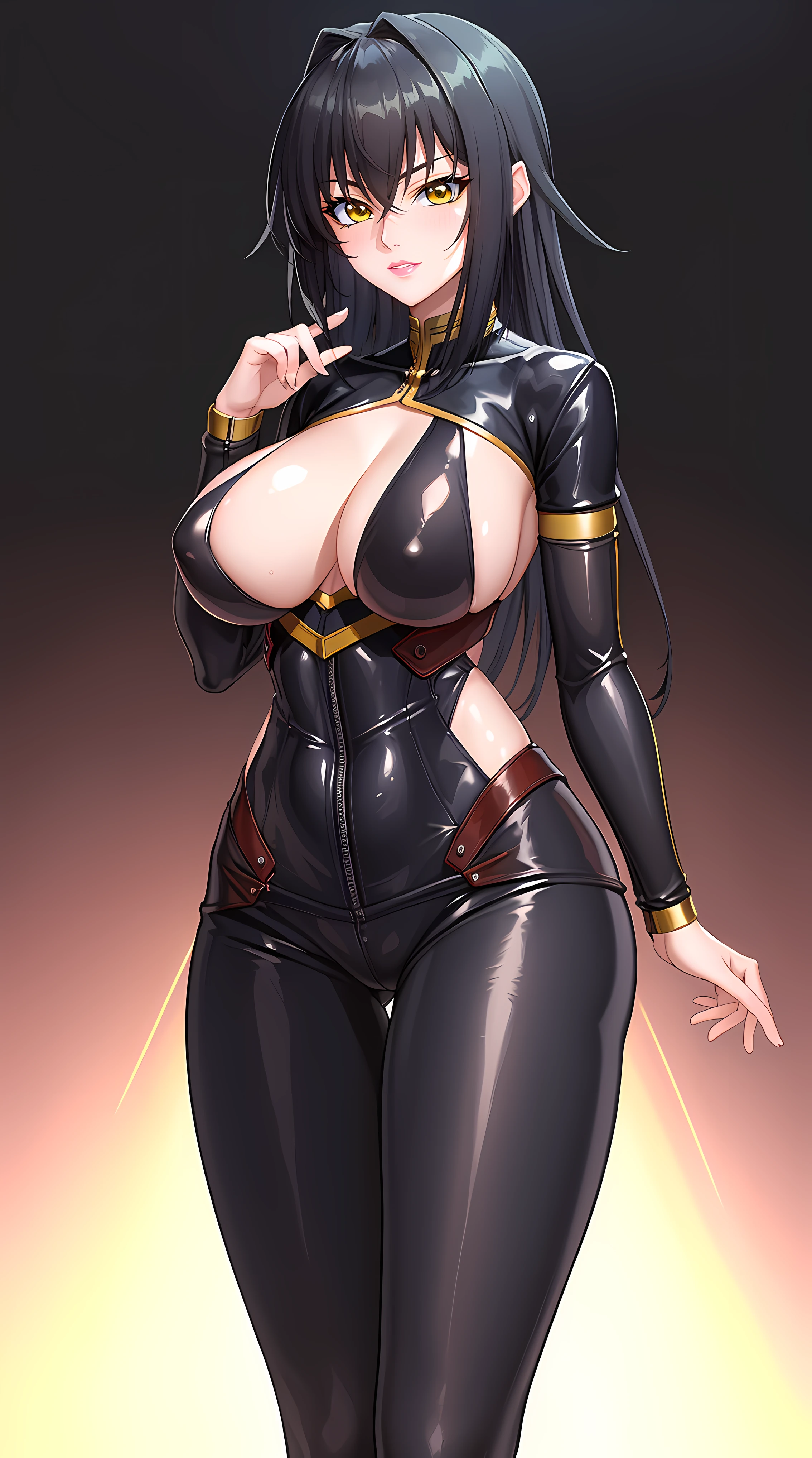 (masterpiece:1.4),(best quality:1.4),  soft lighting, cinematic bloom, beautiful face, beautiful eyes, cowboy shot, studio, photo model,
(Annerose:1), 1girl, solo, female mature, black hair, long hair, yellow eyes, large breasts, fully suited, black bodysuit, black outfit, higheels, shiny clothes, skin tight, hair intakes, covered breasts, sideboob, extremely detailed character design CG unity 8k HDR, beautiful character design, professional art, (solo:1.5), (cowboy shot:1.1), (((simple and beautiful background:1.4))), (blushing:1.3), ((simple pose:1.1)), proper clothed