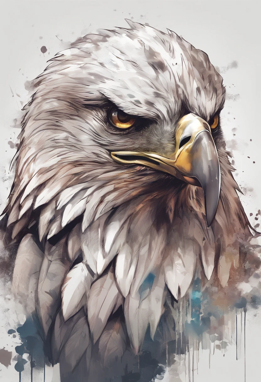 arte splash, An eagle's head, ((fundo branco)), olhos penetrantes, epic instagram, art-station, estilo splash de tinta colorida, contorno, hiperdetalhado intricadamente detalhado, Motor irreal, genial, detalhes intrincados, tela inicial, cores complementares, conceito de fantasia arte, 8K分辨率, obra-prima do deviantart, oil-painting, pinceladas pesadas, pingos de tinta, artes de salpicos