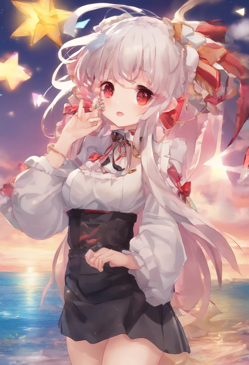 1girl, solo, red_eyes, thighhighs, dress,shep horn, black_dress, black_headwear, hair_over_one_eye, long_sleeves, black_thighhighs, outdoors, sleeves_past_wrists, sky, white_hair, medium_hair, jewelry, hair_ornament, crescent, looking_at_viewer, ocean, earrings, sleeves_past_fingers, garter_straps, star_\(sky\), shirt, closed_mouth, bangs, standing, night