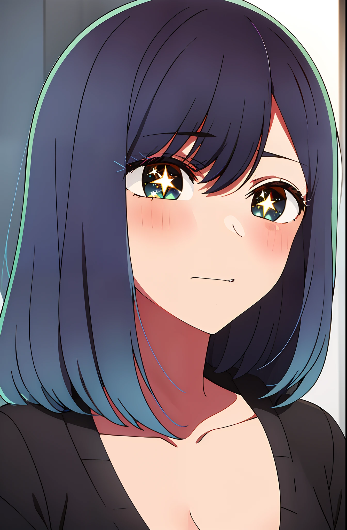 kurokawaakane, best quality, in a black hoodie, cute girl, her expression is solemn, sexy face, she has a cute expressive face, perfect breast, beautiful lighting,symbol-shaped_pupils, sparkling_eyes, star-shaped_pupils, star_(symbol),