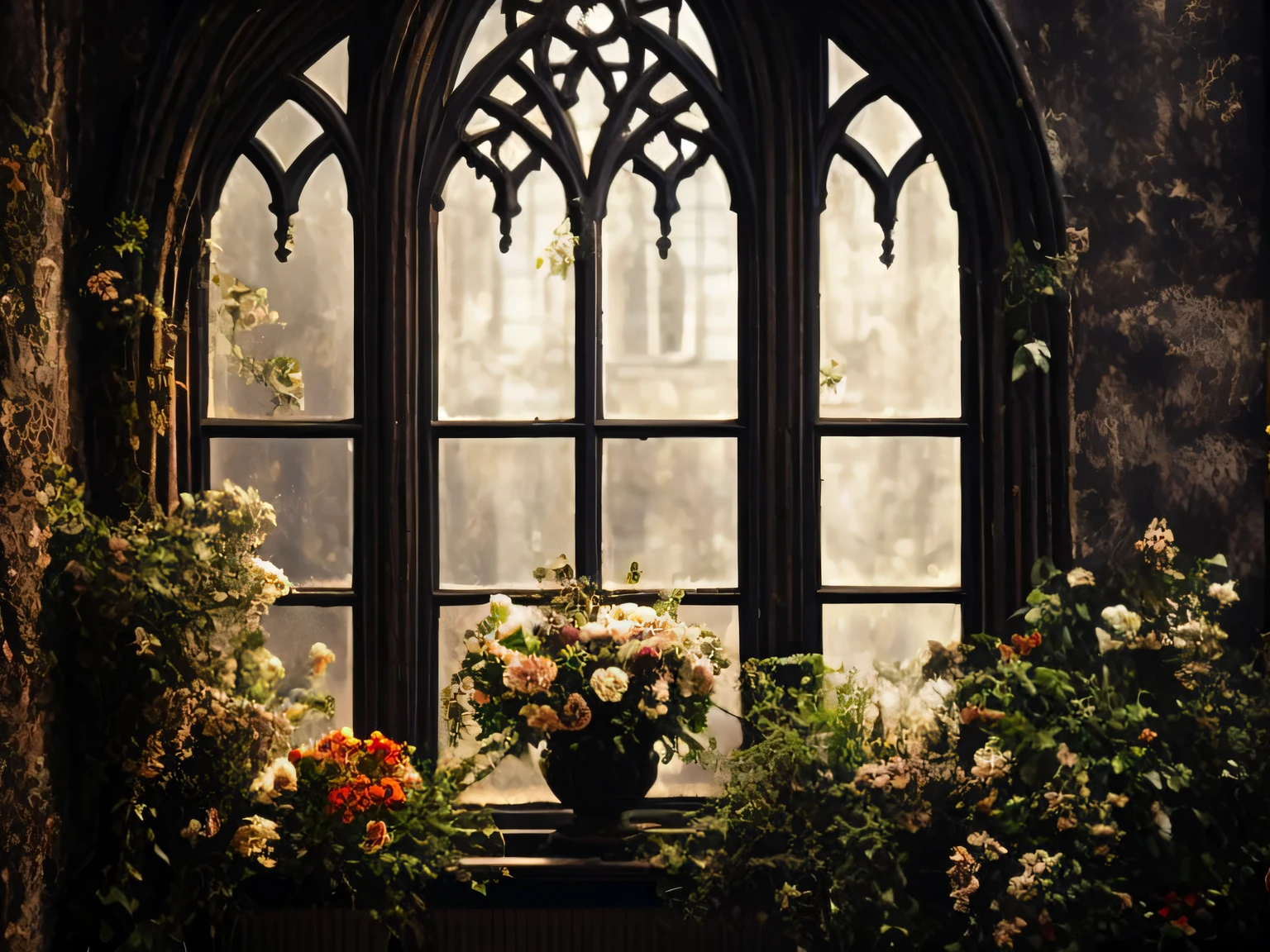 A view of a window with a plant in a vase in front of it, Photo of a beautiful window, Gorgeous, atmospheric details, Stunning arcanum backdrop, Gothic interior, Environnement floral, Open the IB Background window, Background of the Gothic church, Dramatic backlit window, Atmospheric fantasy setting, Ambiance gothique, window, beau mattepainting, Chambre Gothic Mansion, large window, Gothic Background