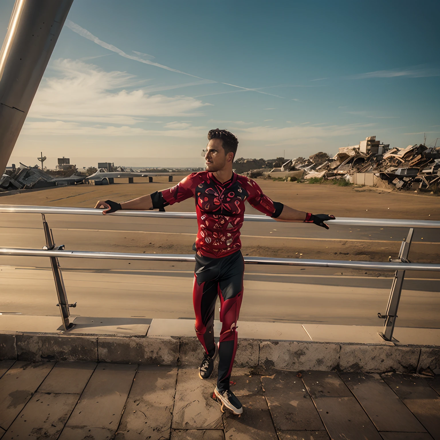 Giant Tom holland in a Speedo sitting on top of a tiny city 
