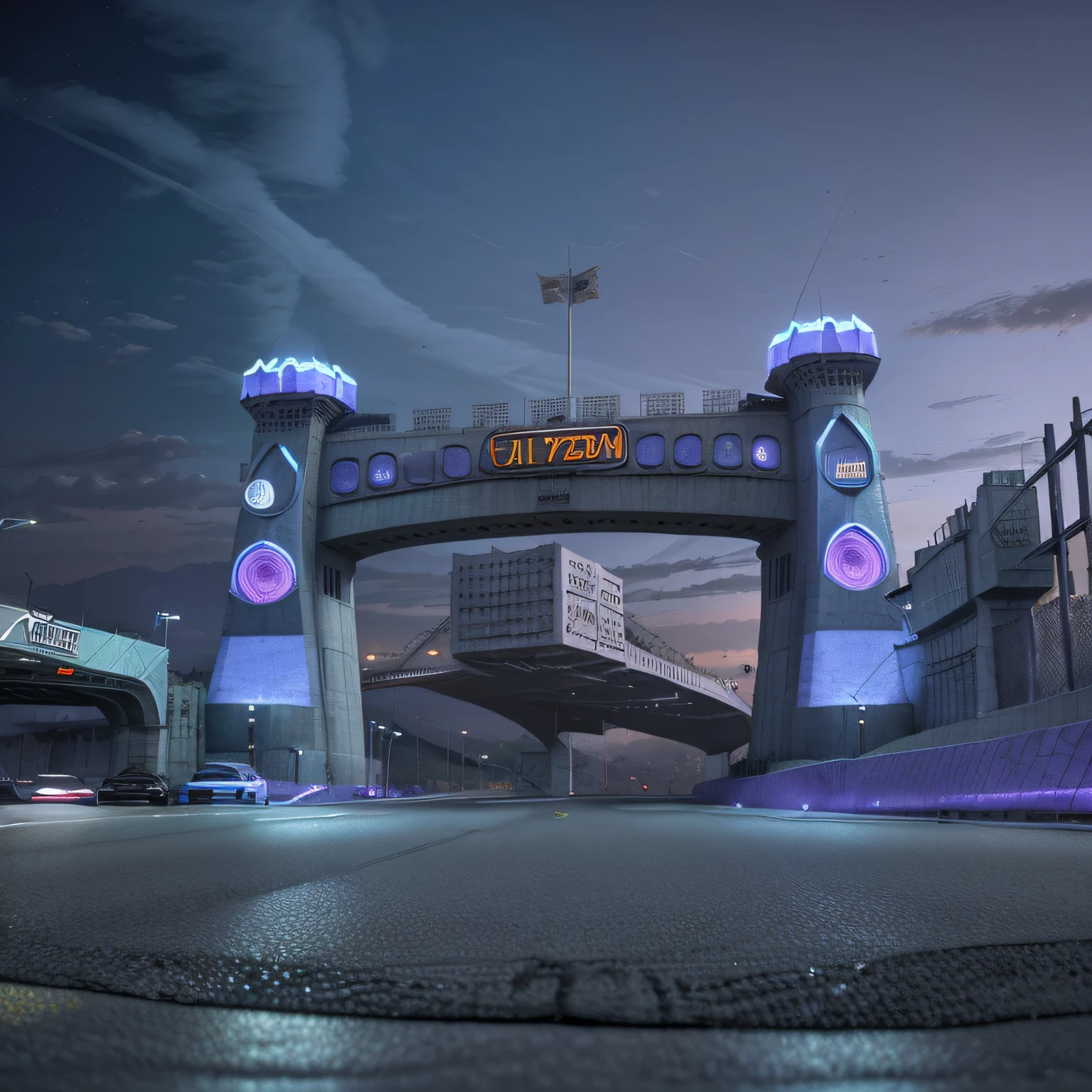 how would this khyber pass in peshawar pakistan will look like in future, in almost 60 years from now, surrounded by futuristic buildings and vehicles, blue and purple lights, front view