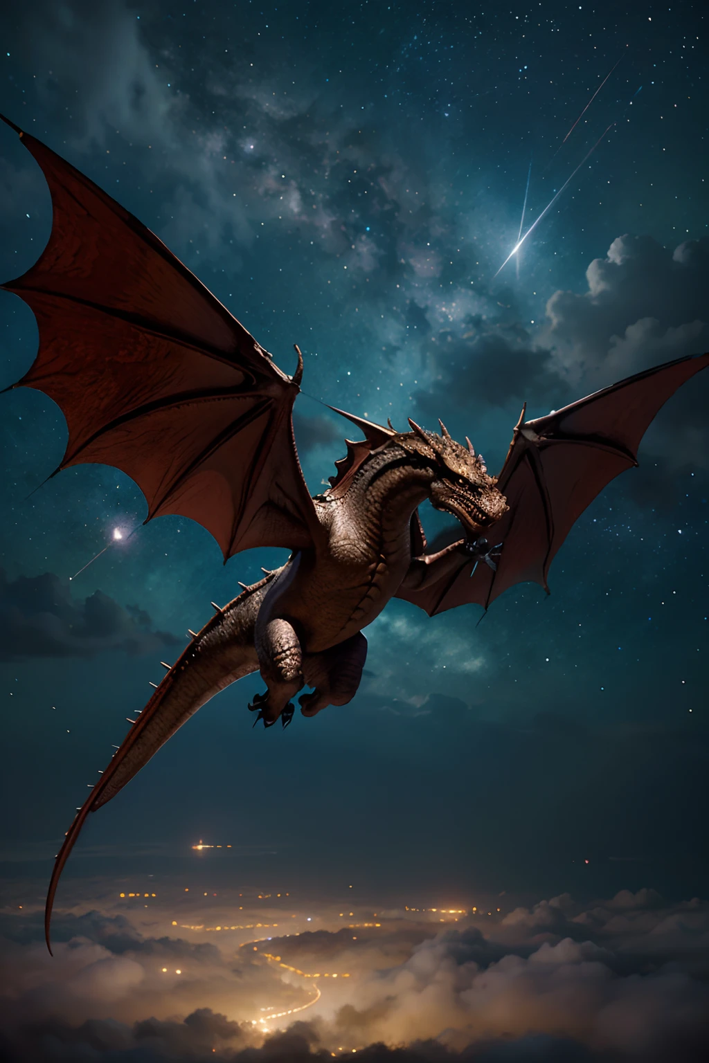 Dragon in flight in the starry sky Concept art, Digital Painting