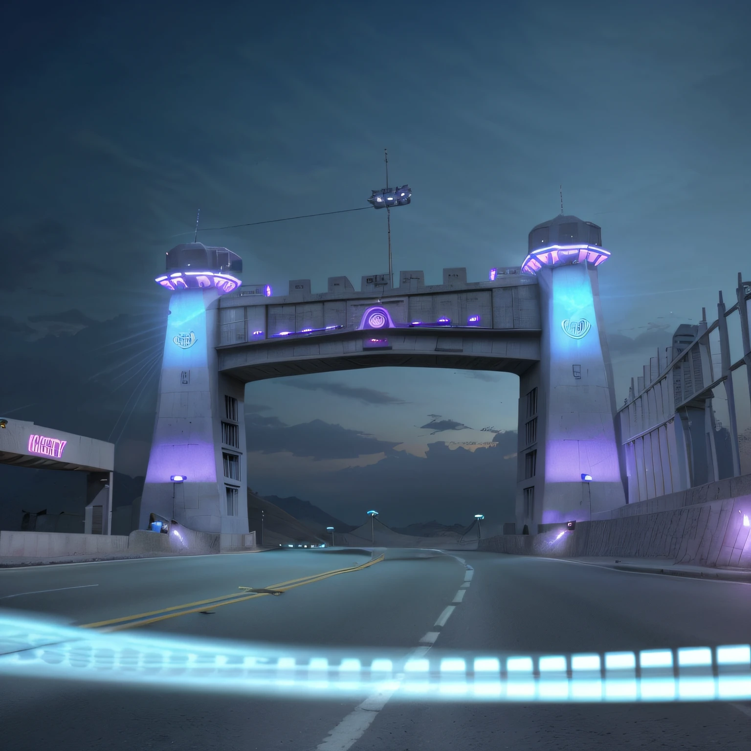 how would this khyber pass in peshawar pakistan will look like in future, almost in 60 years from now, futuristic, cool and appealing, maybe something blue and purple lights, front view