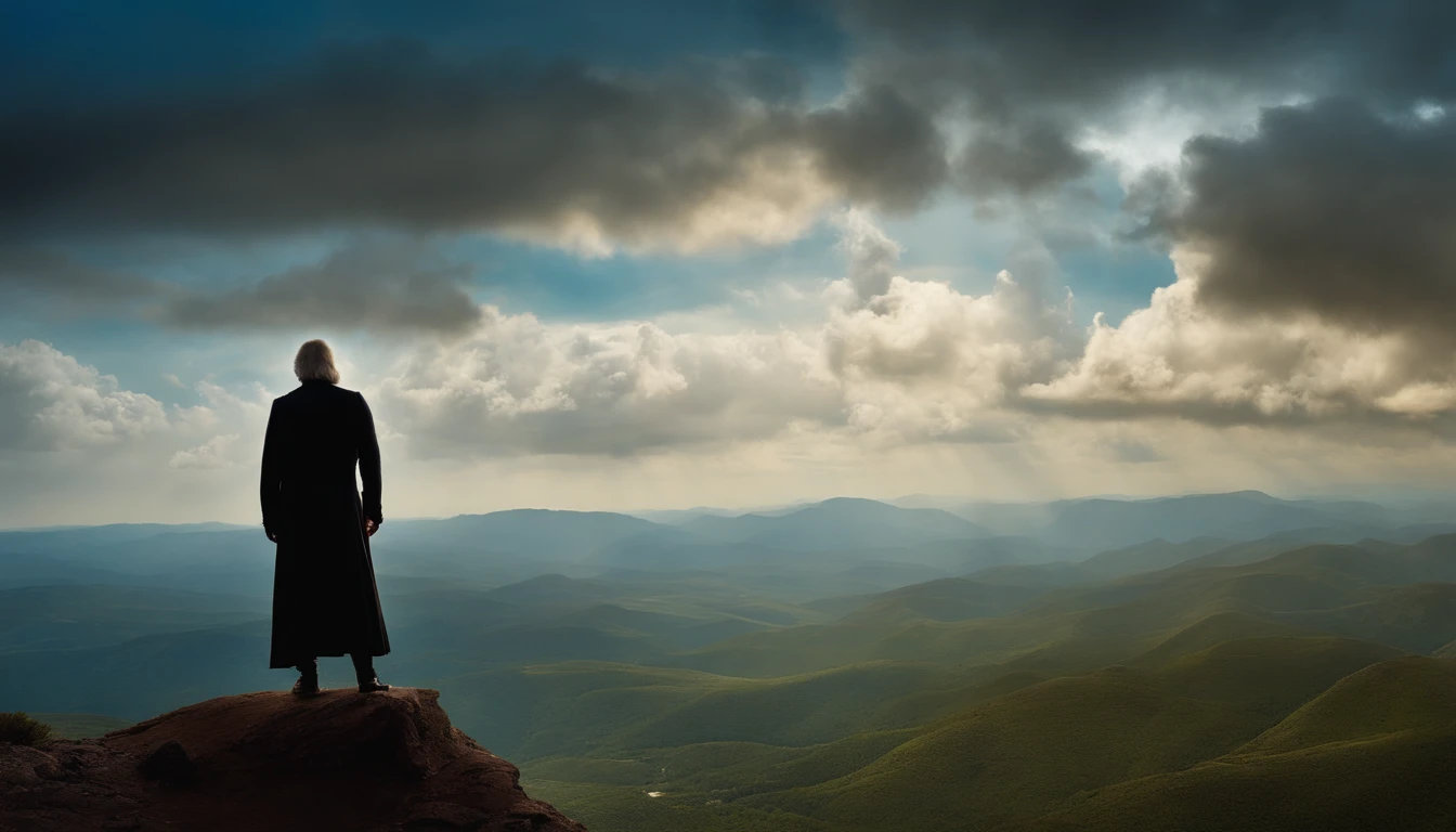 Mathuzalem, de perfil, On the edge of a precipice, muto velho, enrugado, de perfil, cabelo branco, barba branca, flowing hair, Arm Stretched, apontando dedo para horizonte. Bright blue tunic with details, dourados, Below a sinister landscape with black clouds, Up Loaded Clouds, hiperrealista. In front of him a menacing angel, homem, visto de perfil, Biomechanicals, estranho, assustador, Pesadelo, cores muito brilhantes, light particles, com luz brilhante, Mshiff, Arte do papel de parede, Papel de parede UHD, roupa azul, fundo claro