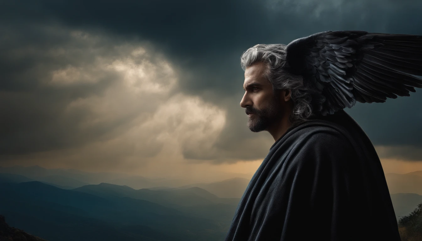 Mathuzalem, de perfil, On the edge of a precipice, muto velho, enrugado, de perfil, cabelo branco, barba branca, flowing hair, Arm Stretched, apontando dedo para horizonte. Bright blue tunic with details, dourados, Below a sinister landscape with black clouds, Up Loaded Clouds, hiperrealista. In front of him a menacing angel, homem, visto de perfil, Biomechanicals, estranho, assustador, Pesadelo, cores muito brilhantes, light particles, com luz brilhante, Mshiff, Arte do papel de parede, Papel de parede UHD, roupa azul, fundo claro
